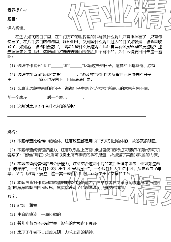 2024年同步实践评价课程基础训练六年级语文下册人教版 参考答案第71页