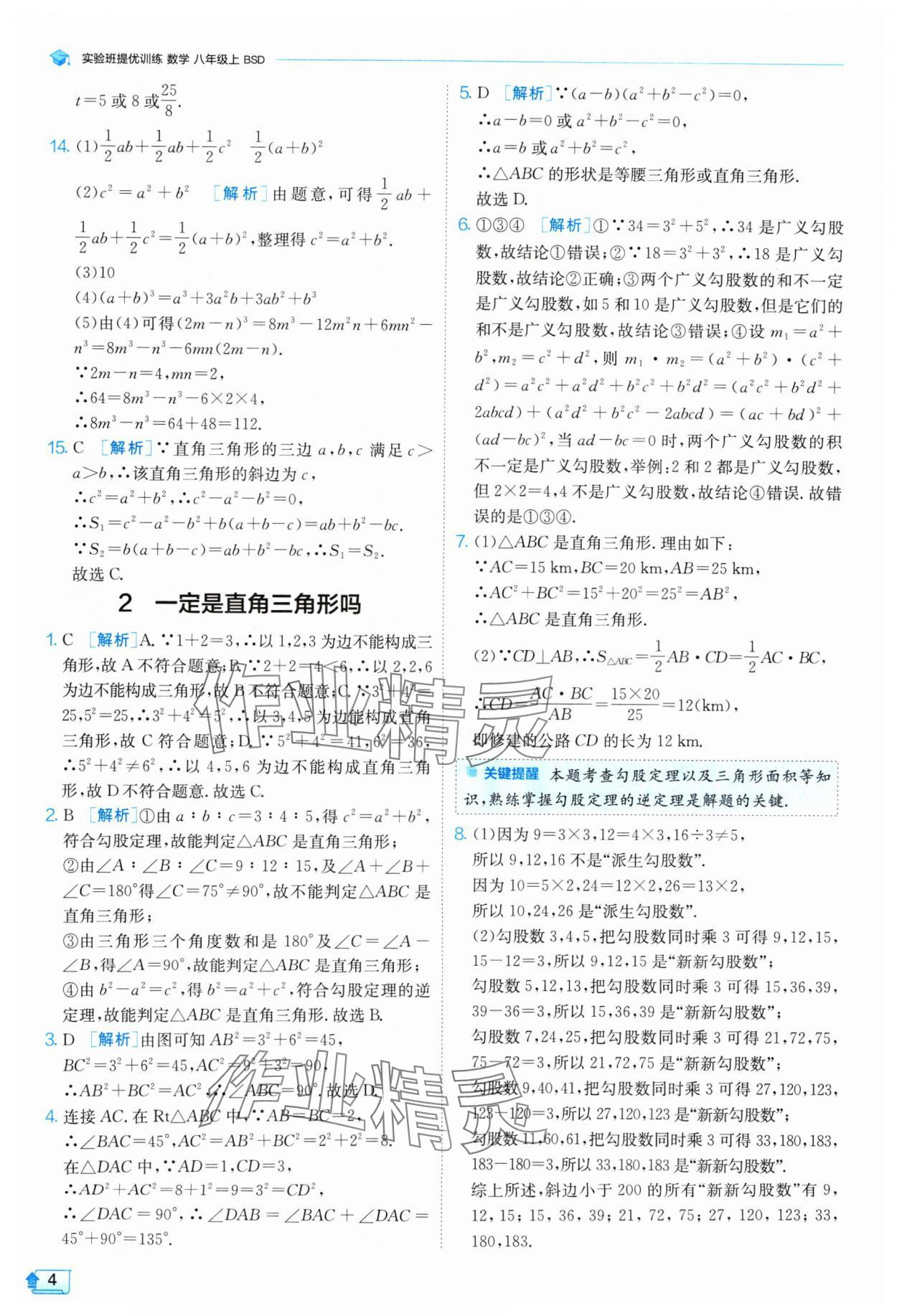 2024年实验班提优训练八年级数学上册北师大版 参考答案第4页