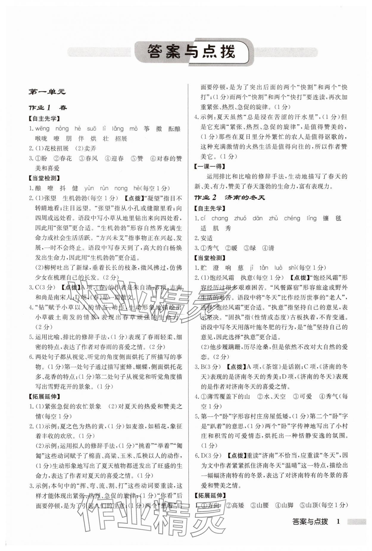 2025年启东中学作业本七年级语文上册人教版徐州专版 参考答案第1页