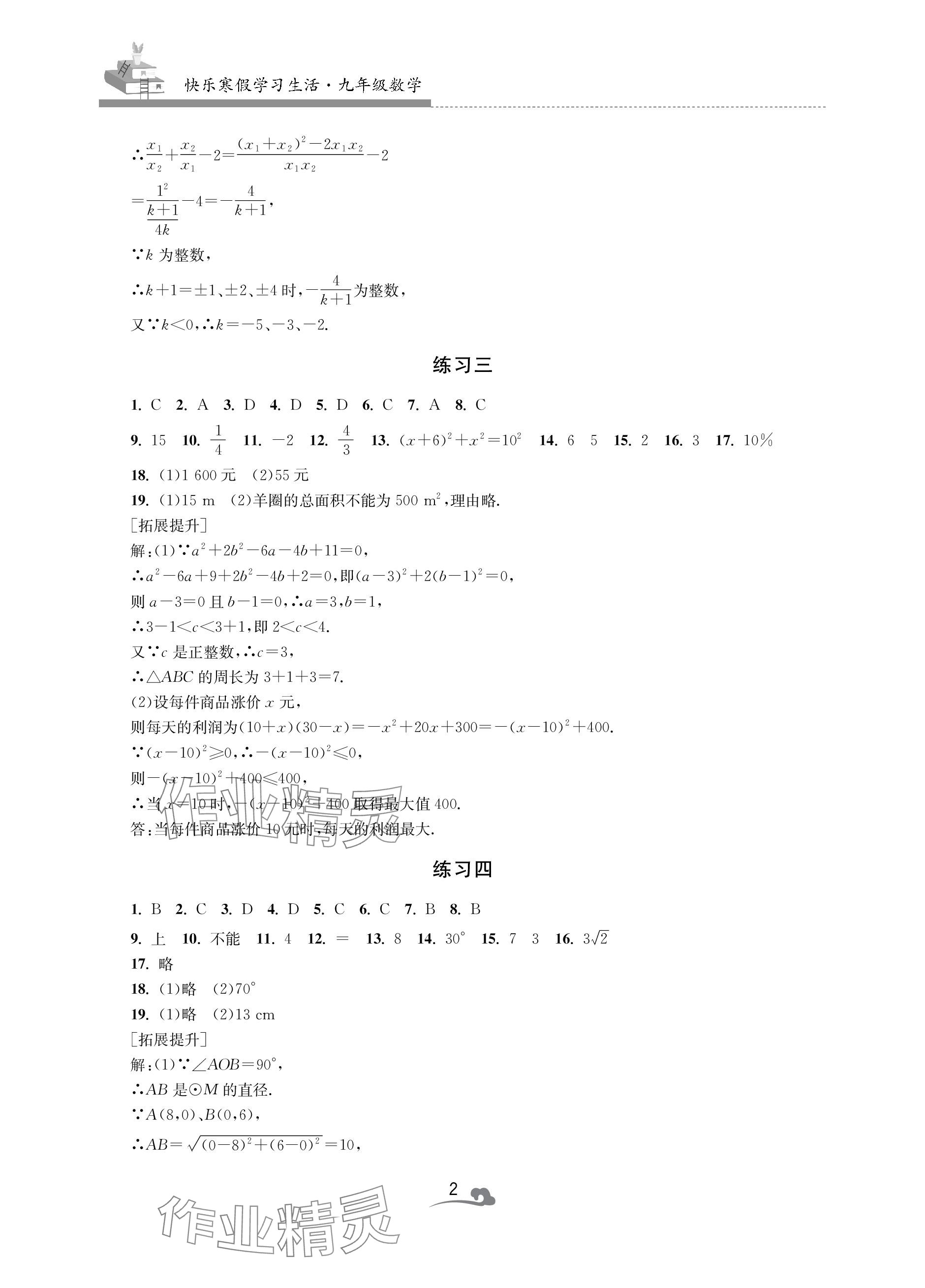 2024年快乐寒假学习生活九年级数学 参考答案第2页