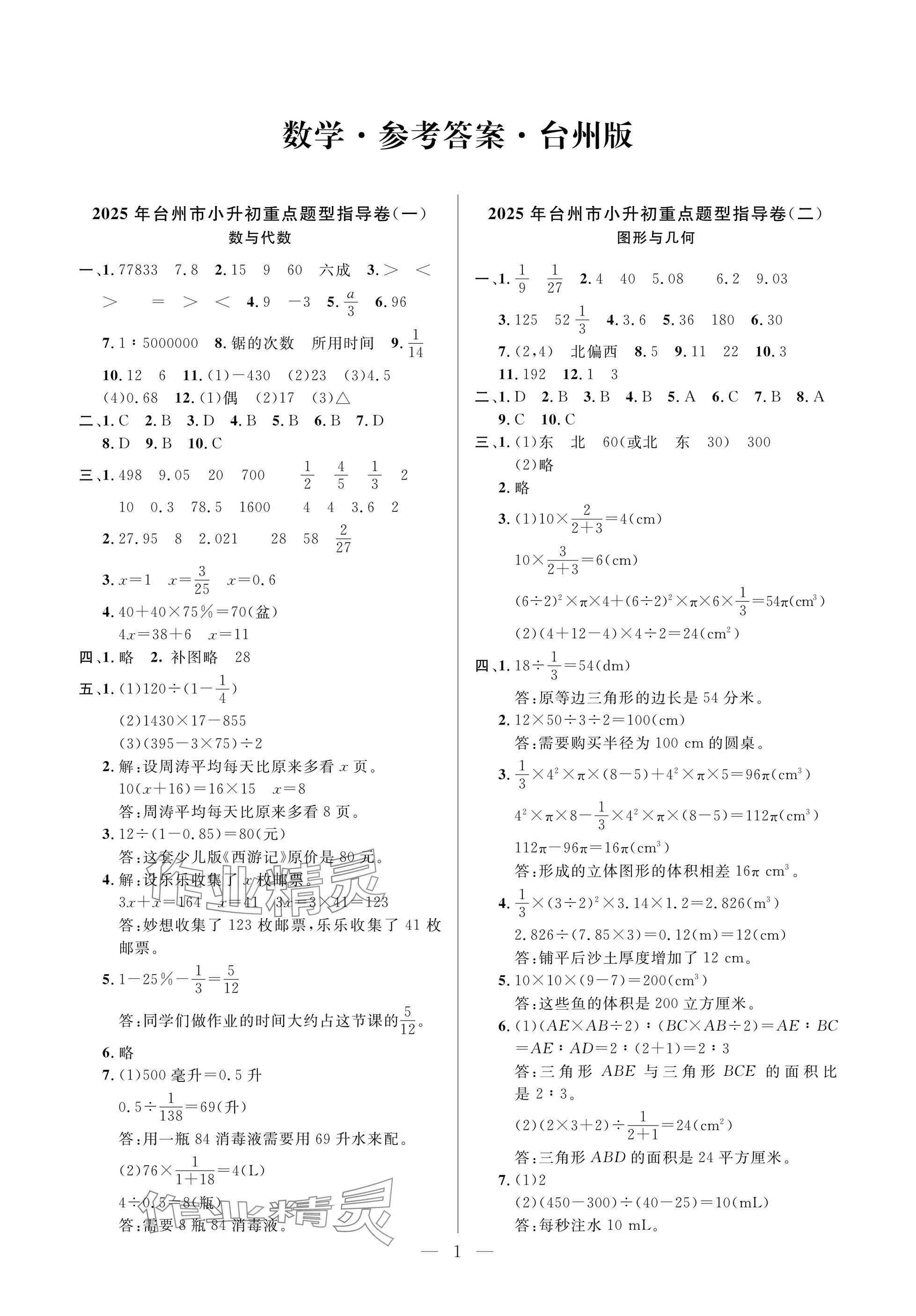 2025年小學畢業特訓卷數學臺州專版 參考答案第1頁