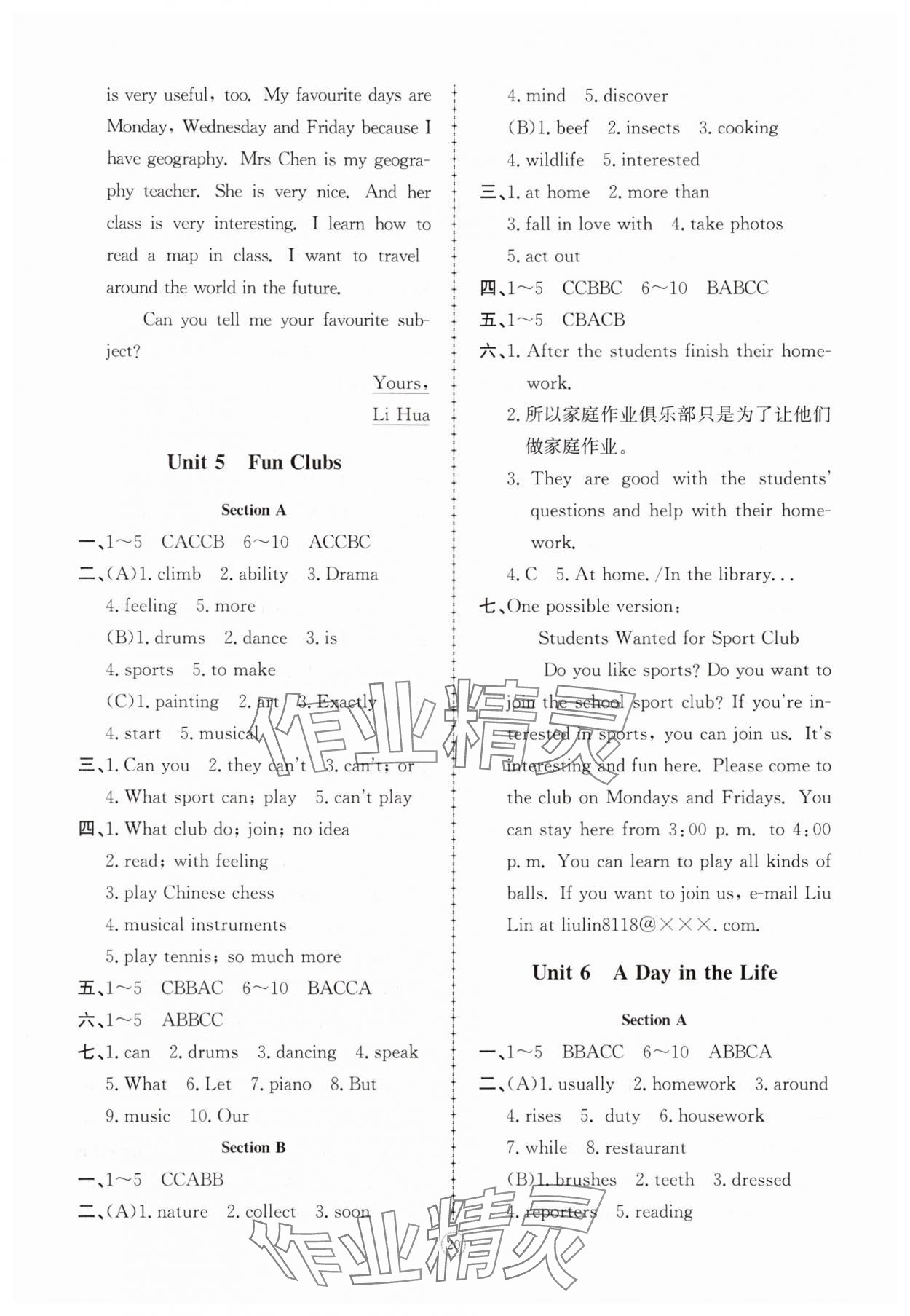 2025年同步练习册智慧拓展七年级英语上册人教版菏泽专版&nbsp;参考答案第5页