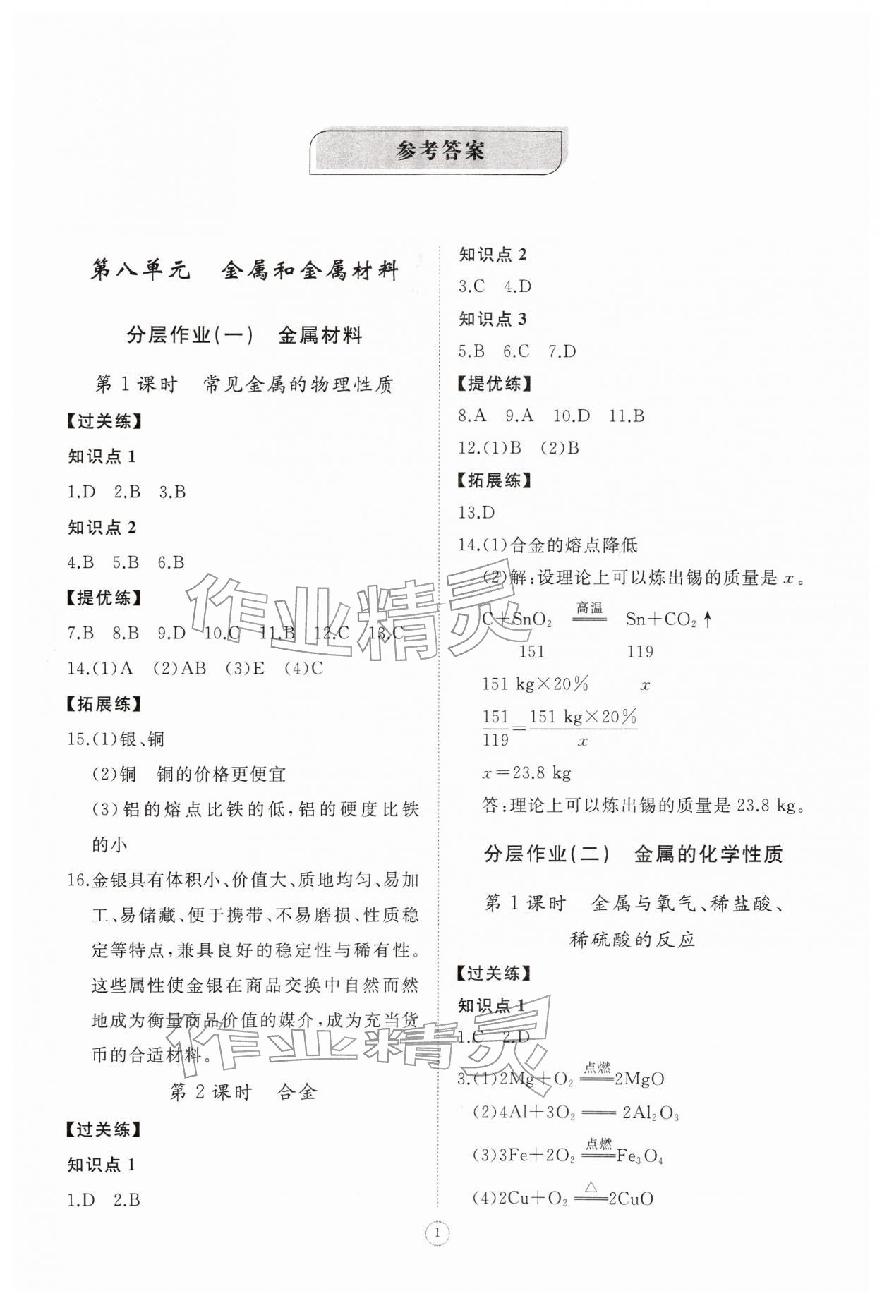 2026年同步练习册智慧作业九年级化学下册人教版&nbsp;参考答案第1页