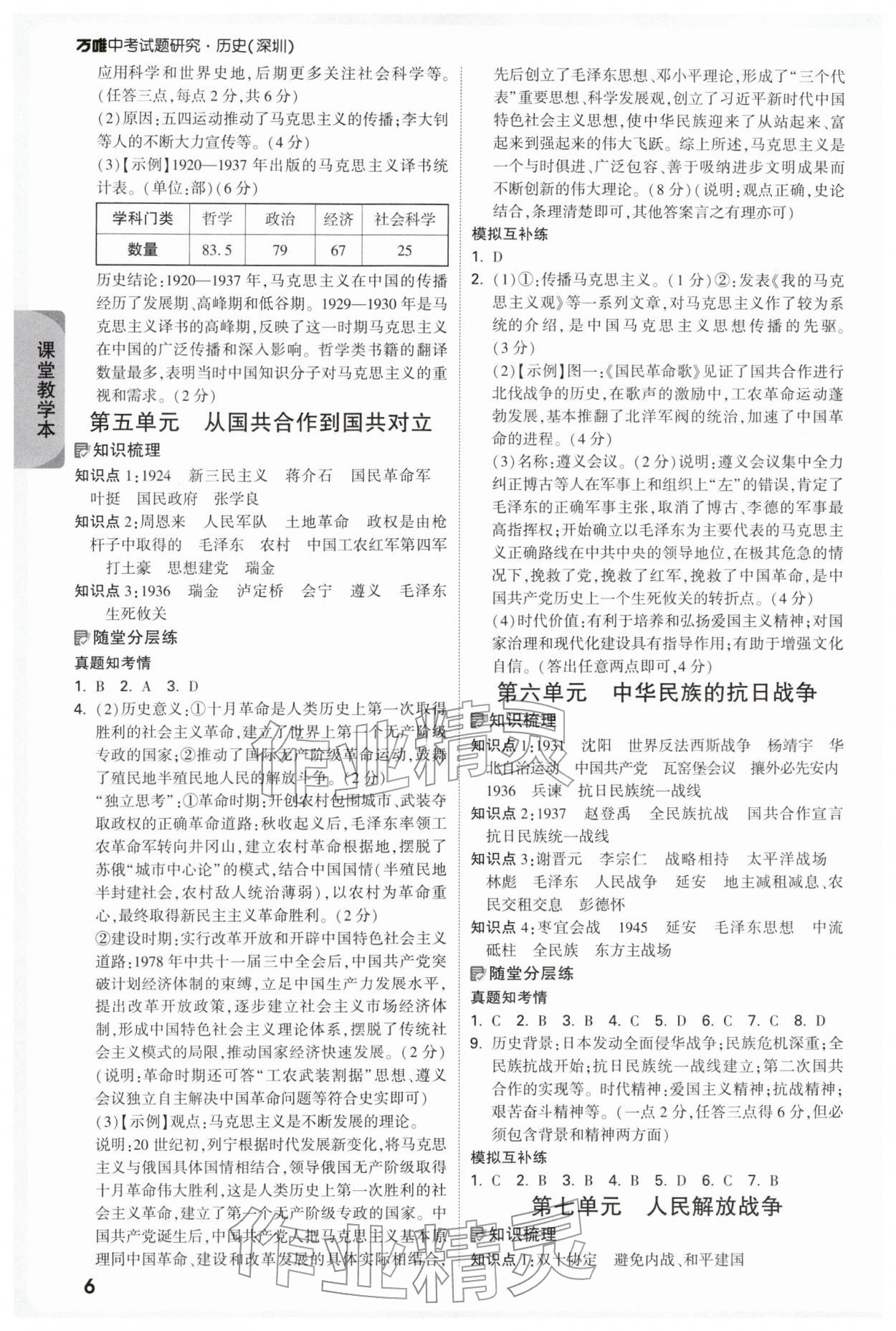 2026年萬唯中考試題研究歷史中考深圳專版&nbsp;參考答案第6頁