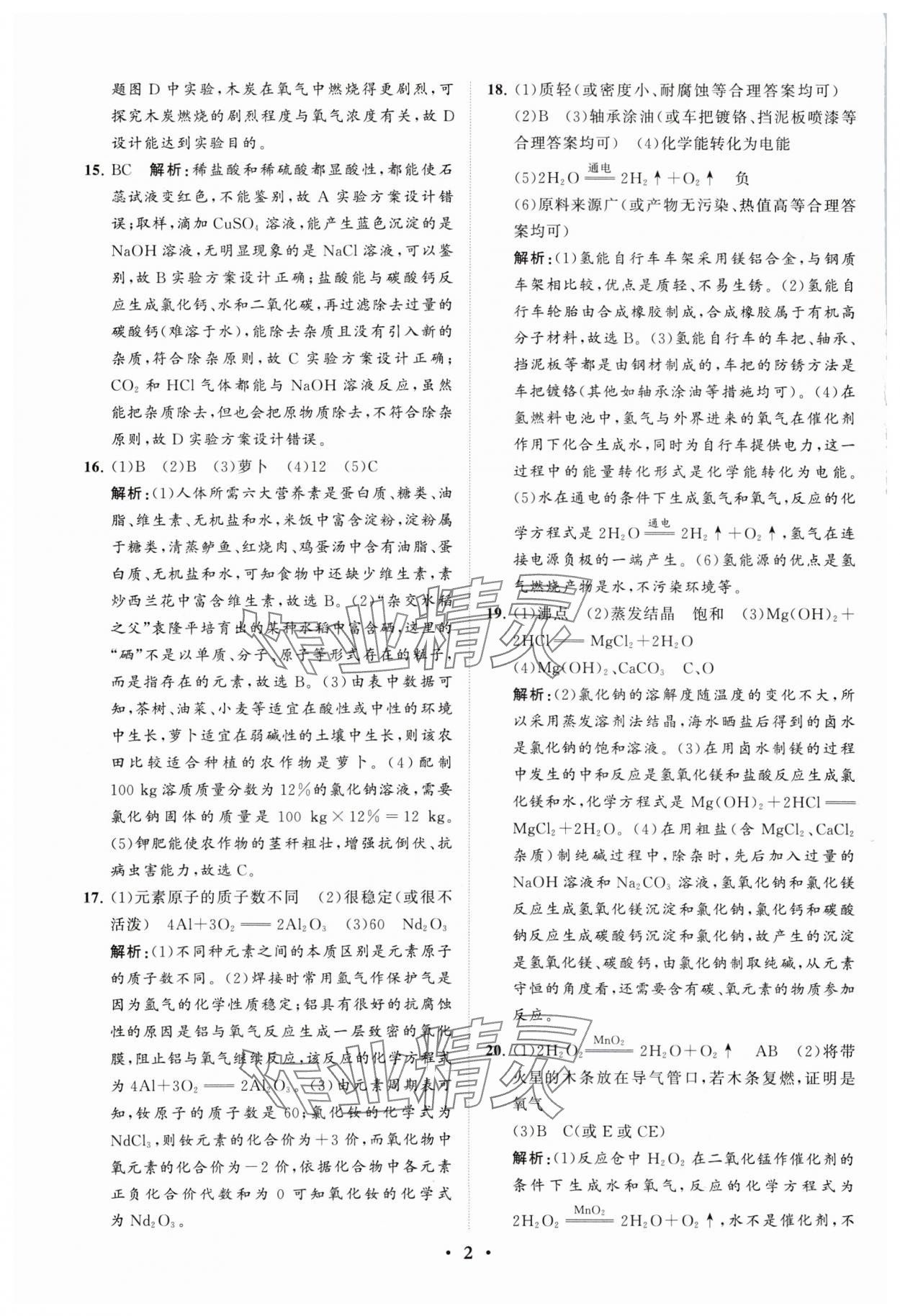2024年初中总复习手册分层专题卷化学五四制烟台专版 参考答案第2页