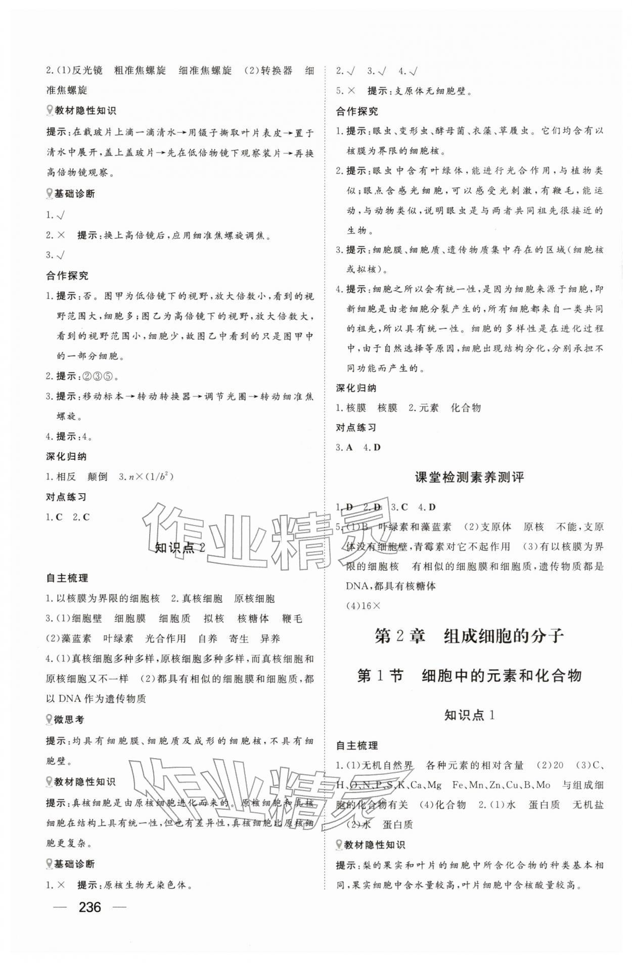 2025年同步练习册大象出版社高中生物必修第一册人教版B 参考答案第2页