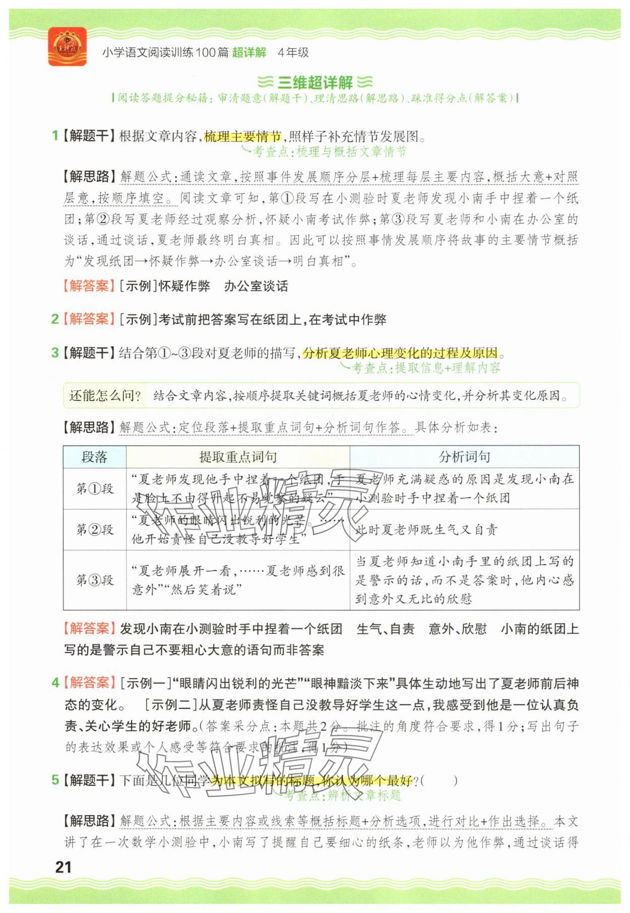 2025年王朝霞小学语文阅读训练100篇四年级 参考答案第21页