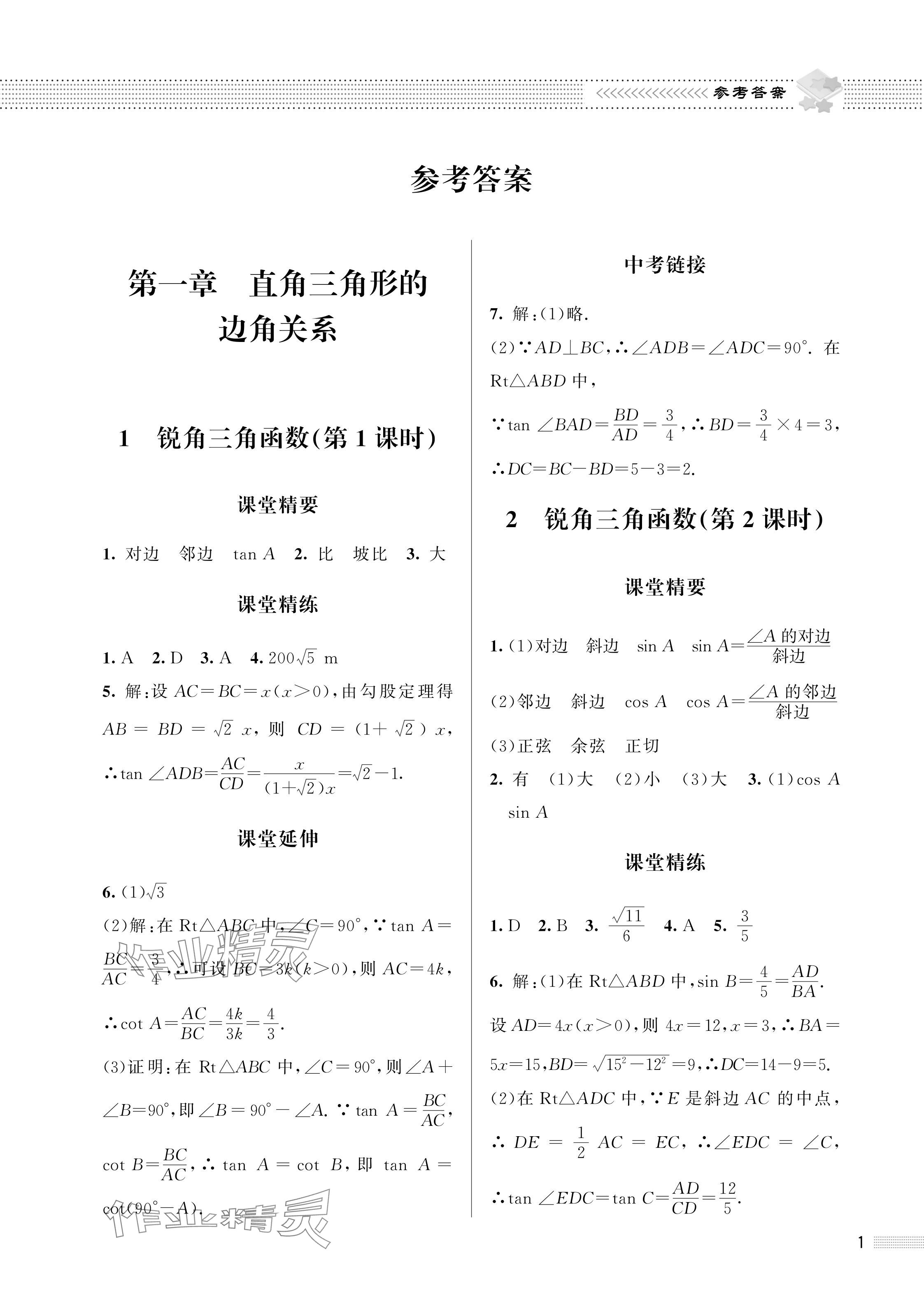 2024年配套综合练习甘肃九年级数学下册北师大版 参考答案第1页