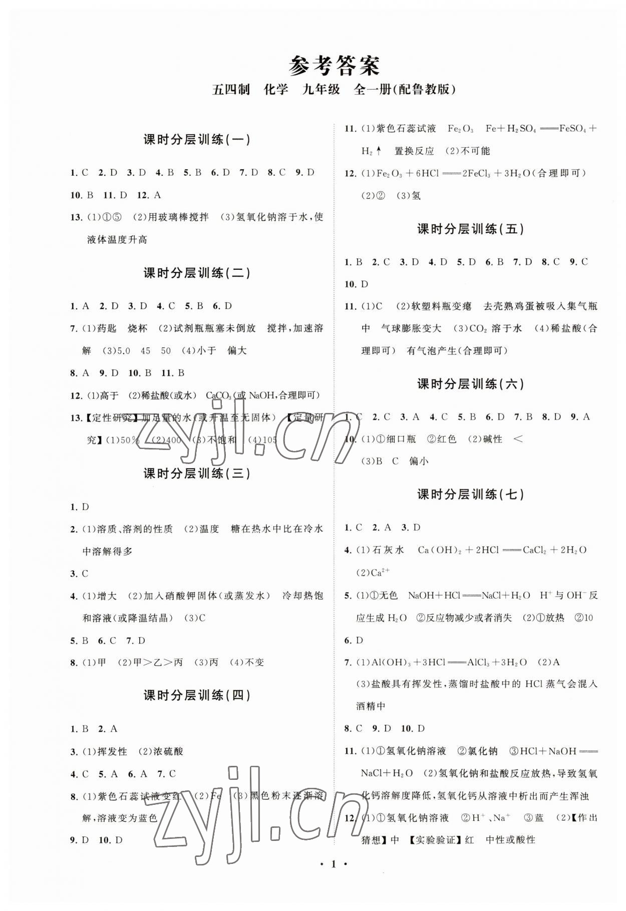 2023年同步練習冊分層卷九年級化學全一冊魯教版54制 參考答案第1頁