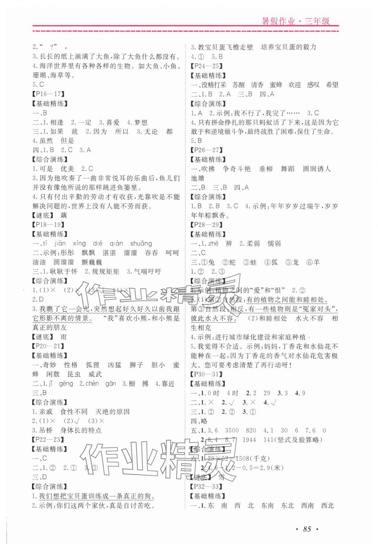 2025年快乐假期暑假作业宁波出版社三年级合订本 参考答案第2页