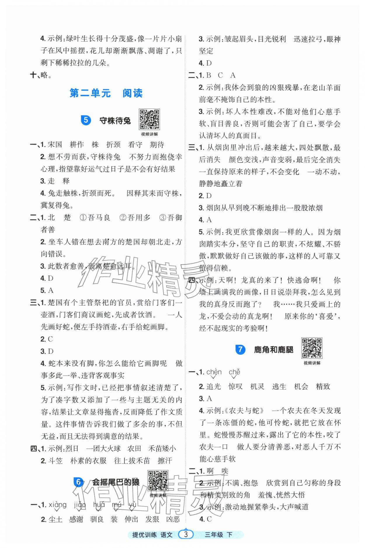 2026年阳光同学提优训练三年级语文下册人教版&nbsp;参考答案第3页