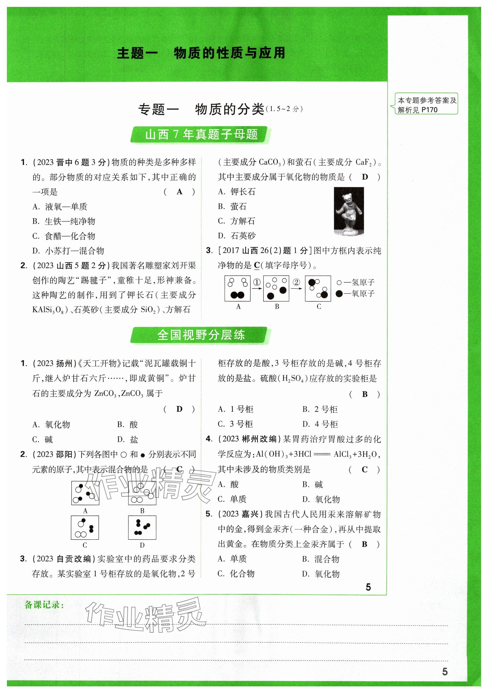 2024年万唯中考试题研究化学山西专版 参考答案第1页