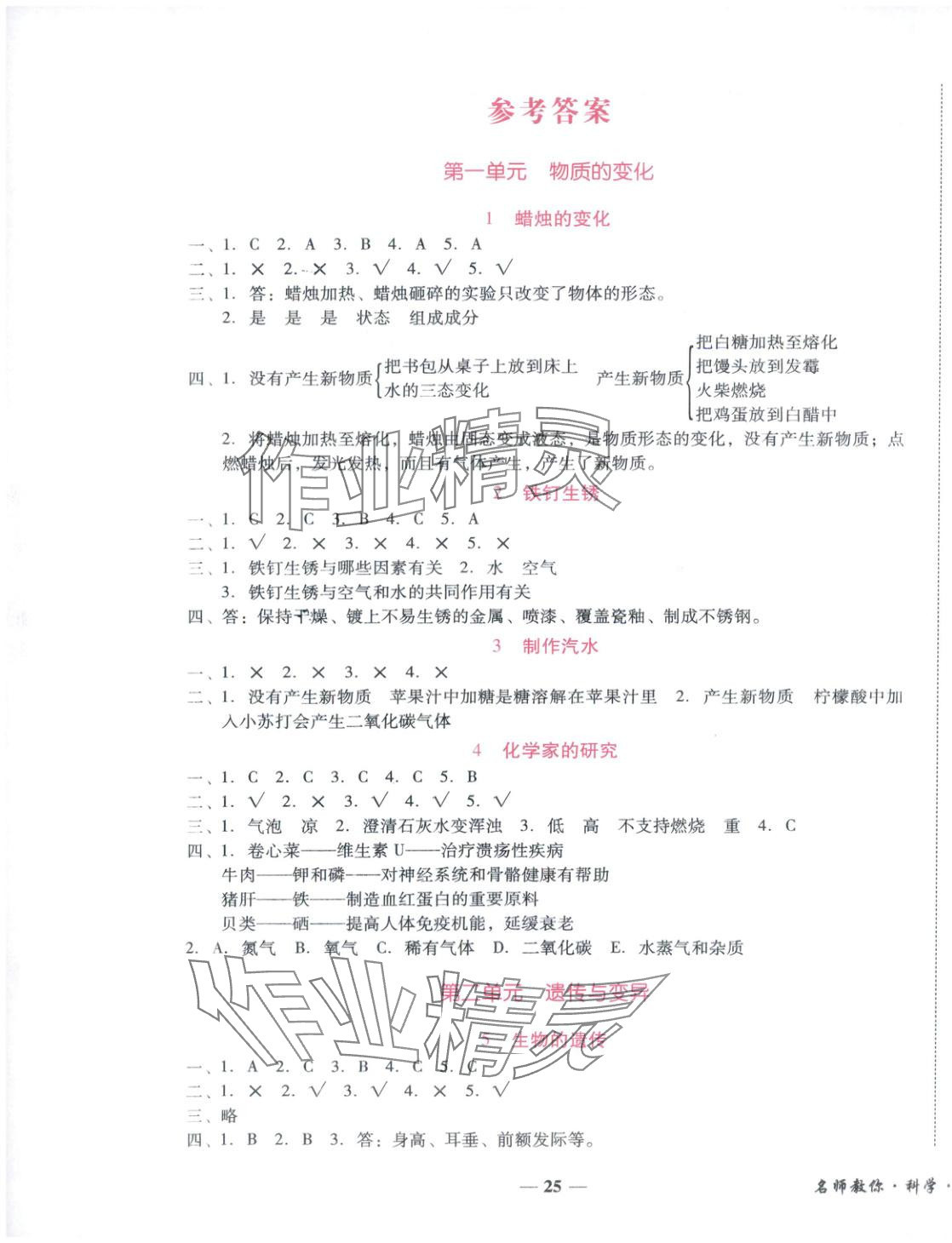 2025年小桔豆名师教你六年级科学上册苏教版 参考答案第1页