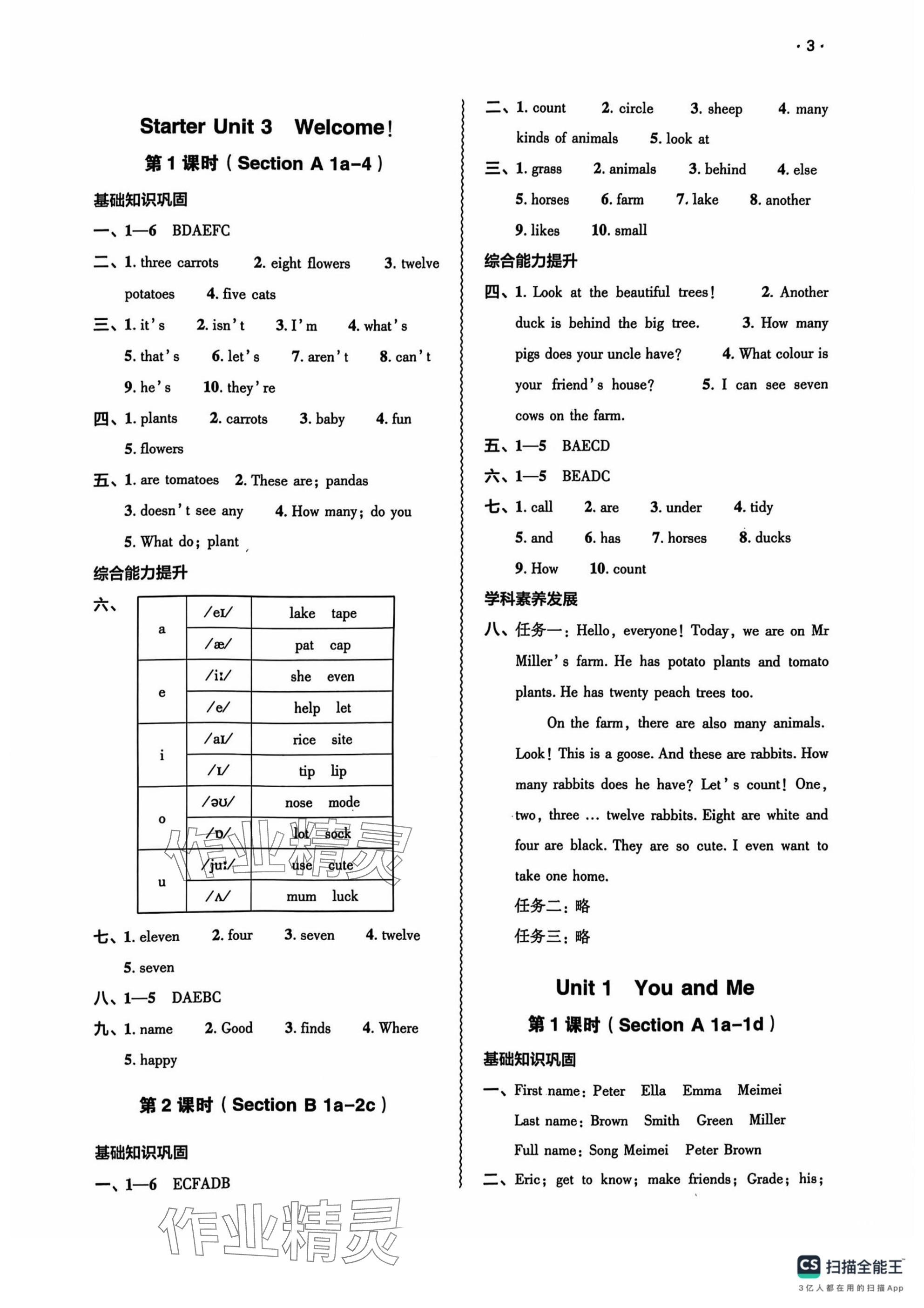 2024年基礎(chǔ)訓(xùn)練大象出版社七年級英語上冊人教版 參考答案第3頁