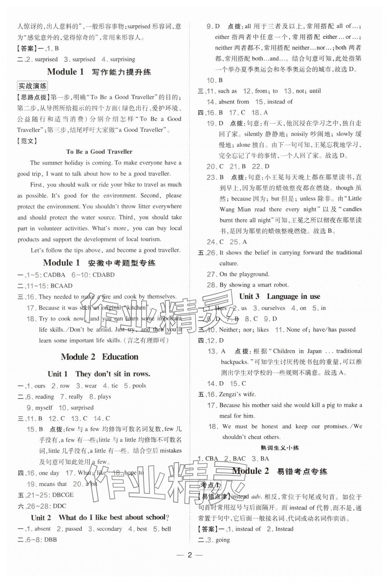 2025年點撥訓練九年級英語下冊外研版安徽專版 參考答案第2頁