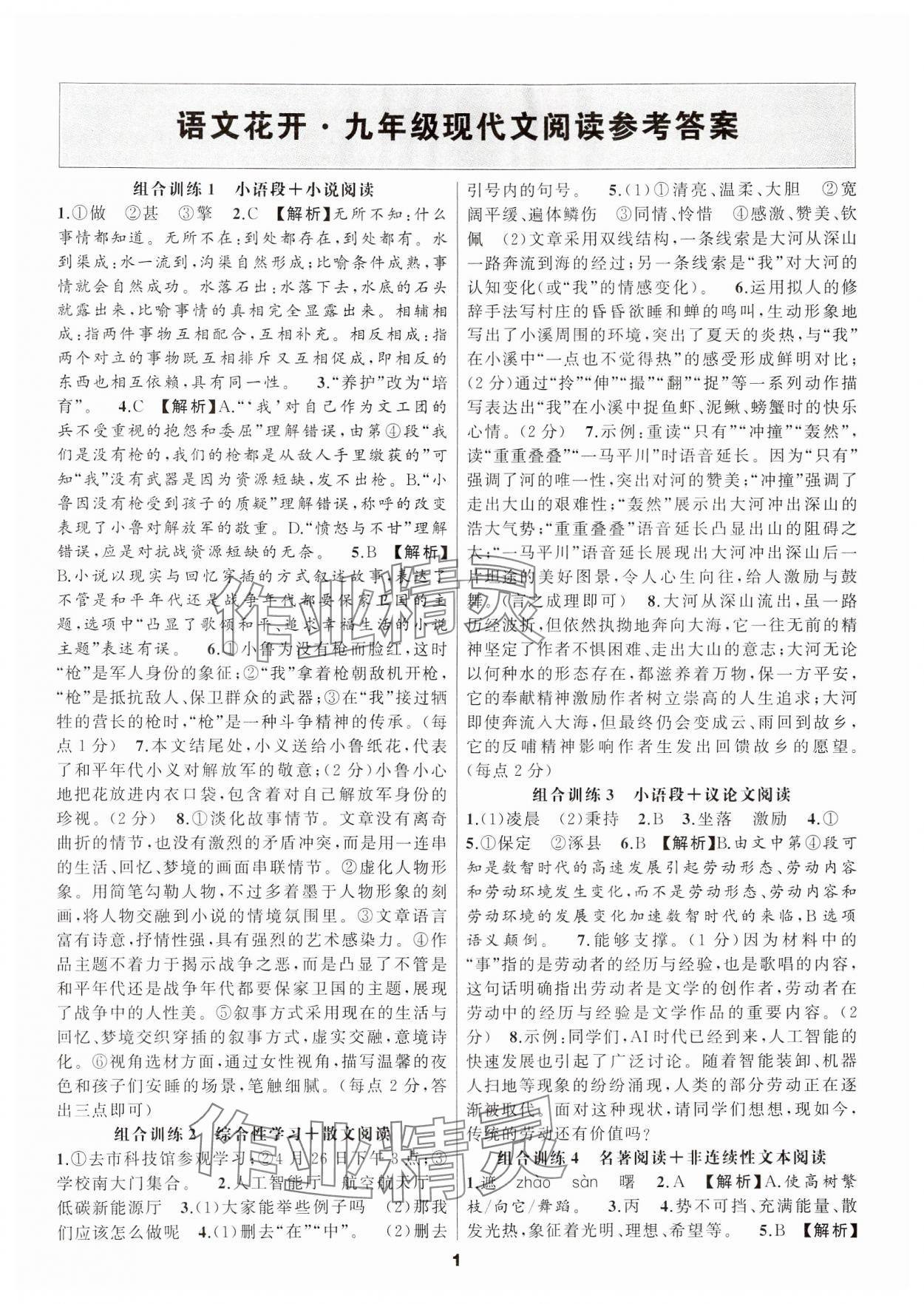 2024年語文花開現代文閱讀九年級 參考答案第1頁