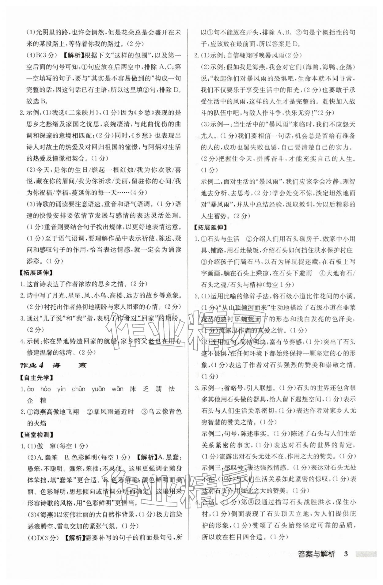 2026年启东中学作业本九年级语文下册人教版盐城专版&nbsp;参考答案第3页