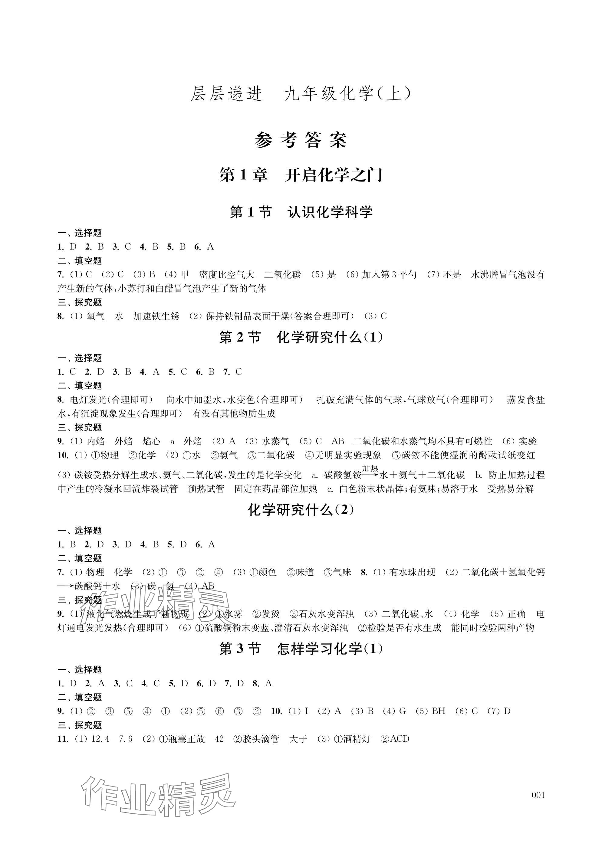 2025年层层递进九年级化学上册沪教版 参考答案第1页