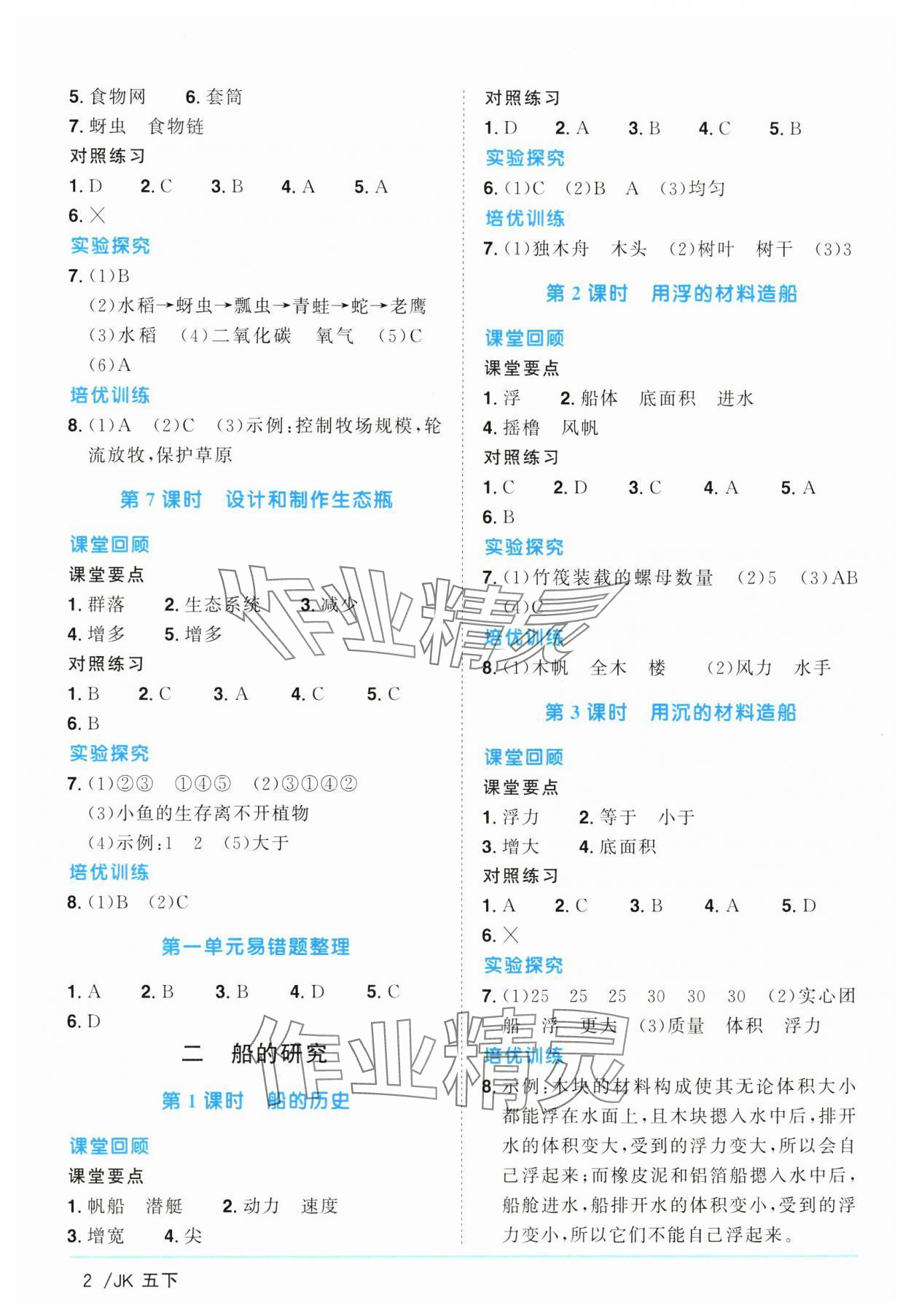 2025年陽光同學(xué)課時優(yōu)化作業(yè)五年級科學(xué)下冊教科版 參考答案第2頁