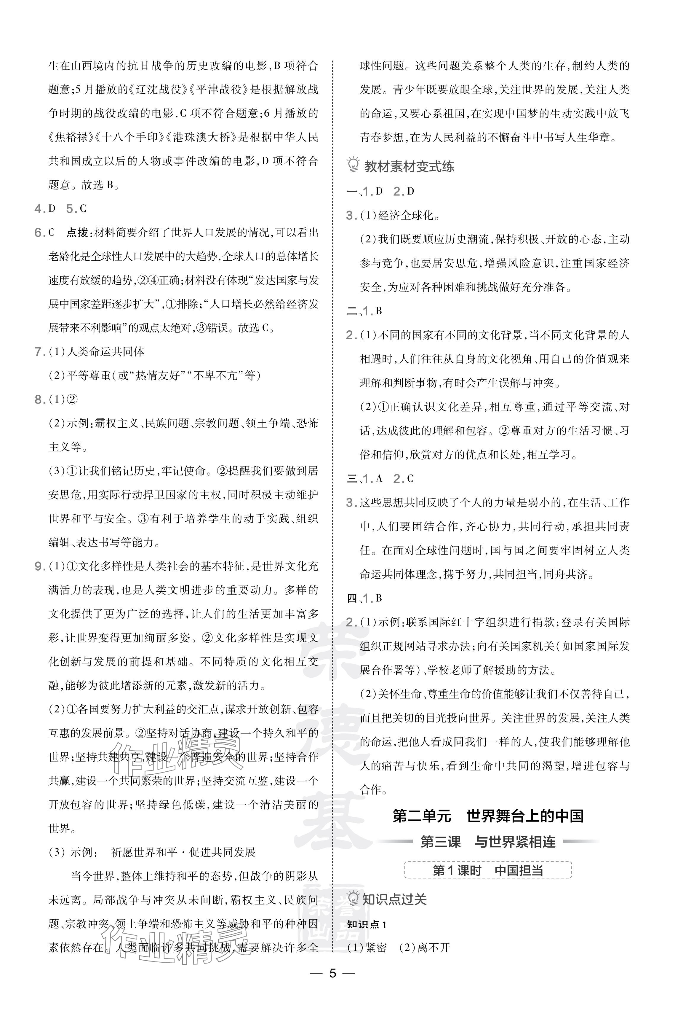 2024年點撥訓(xùn)練九年級道德與法治下冊人教版山西專版 參考答案第5頁