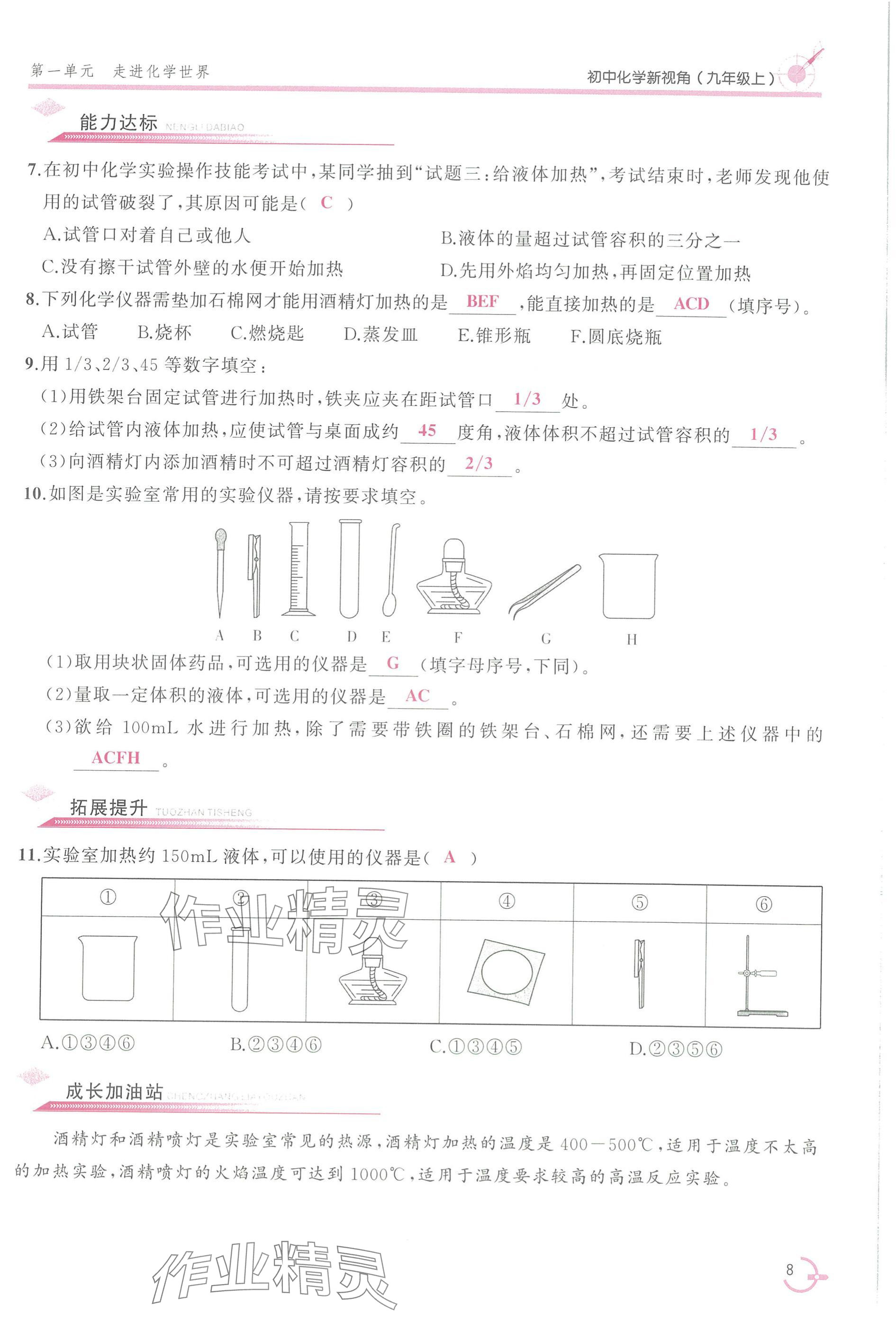 2025年新视角教辅系列丛书九年级化学上册人教版 参考答案第8页
