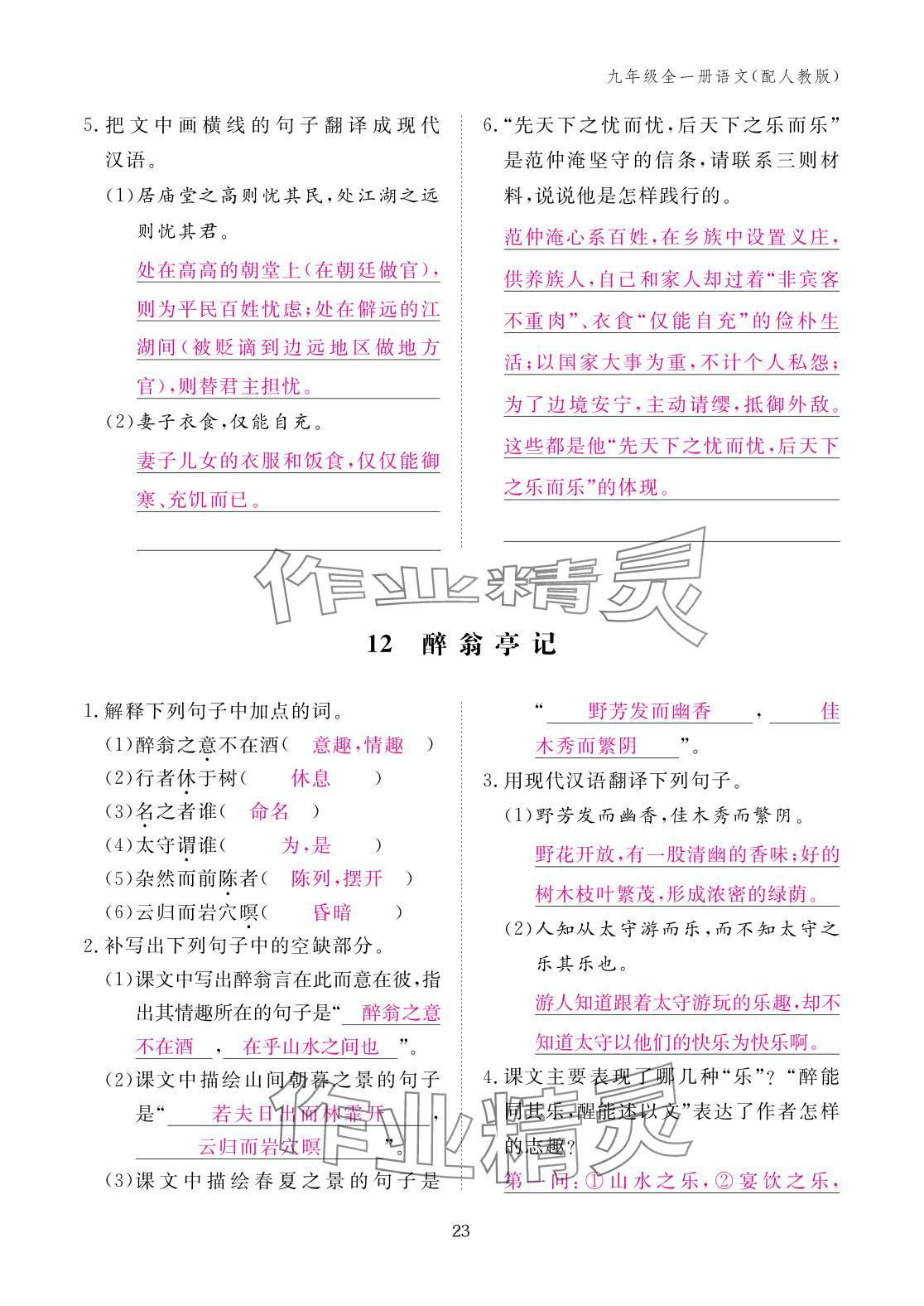 2025年作业本江西教育出版社九年级语文全一册人教版 参考答案第23页