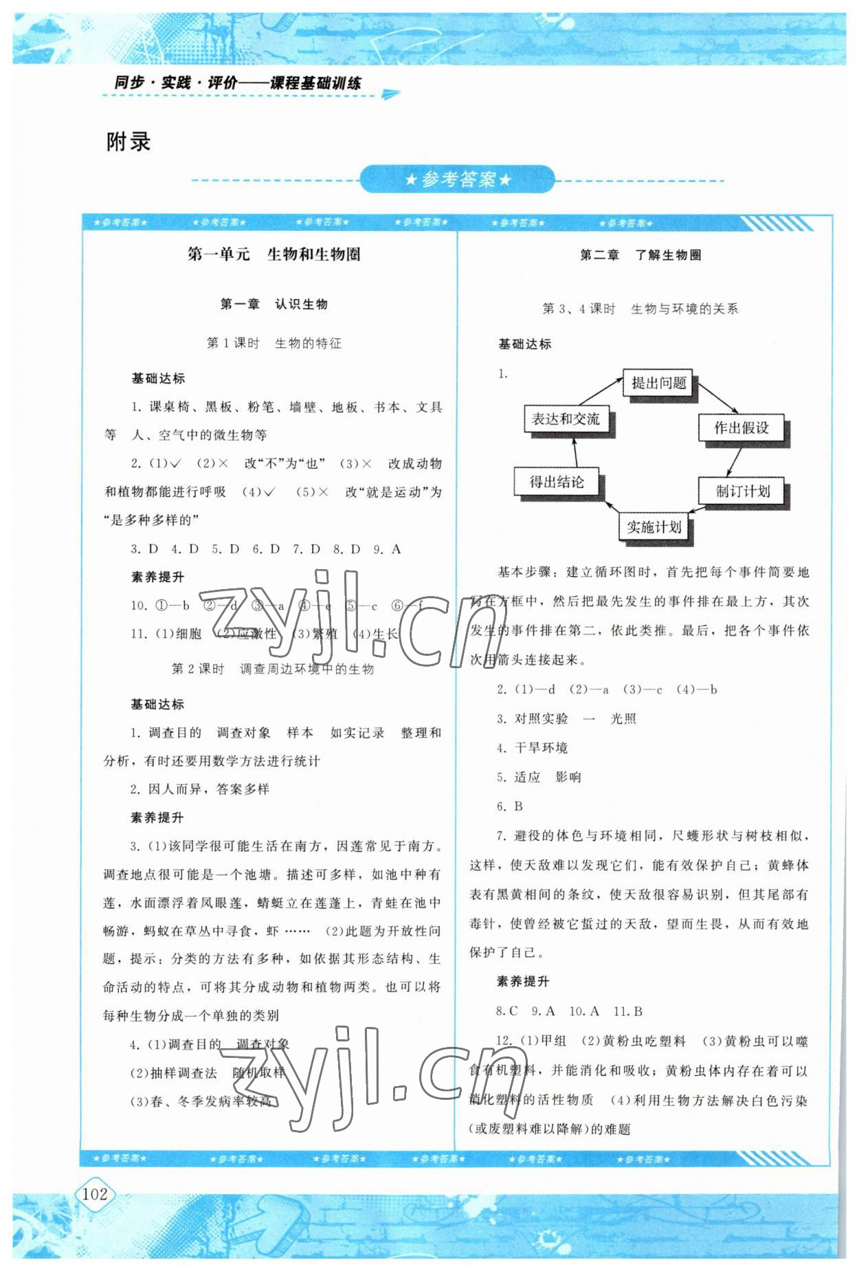 2023年同步实践评价课程基础训练湖南少年儿童出版社七年级生物上册人教版 参考答案第1页