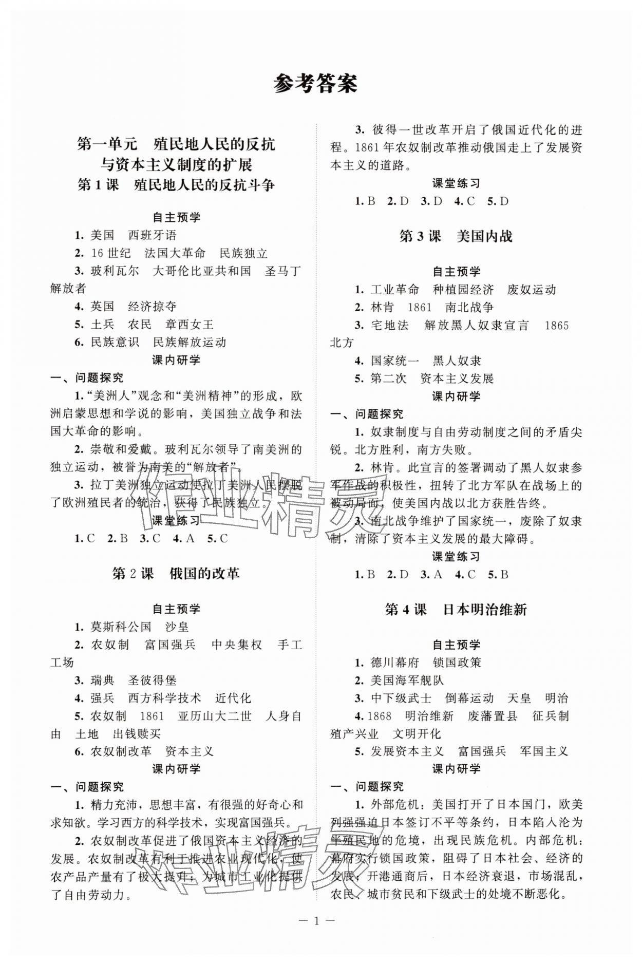 2025年课堂精练九年级历史下册人教版江苏专版 第1页