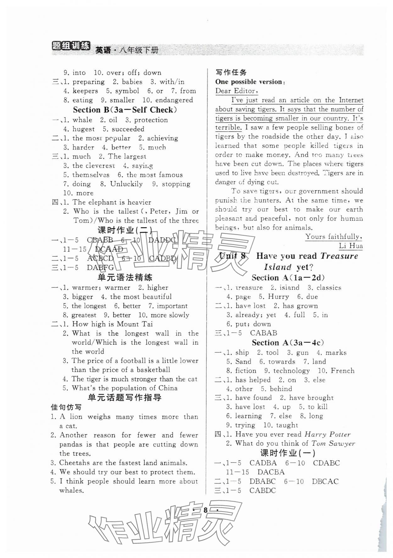 2025年課時分層練八年級英語下冊人教版濟南專版 參考答案第8頁