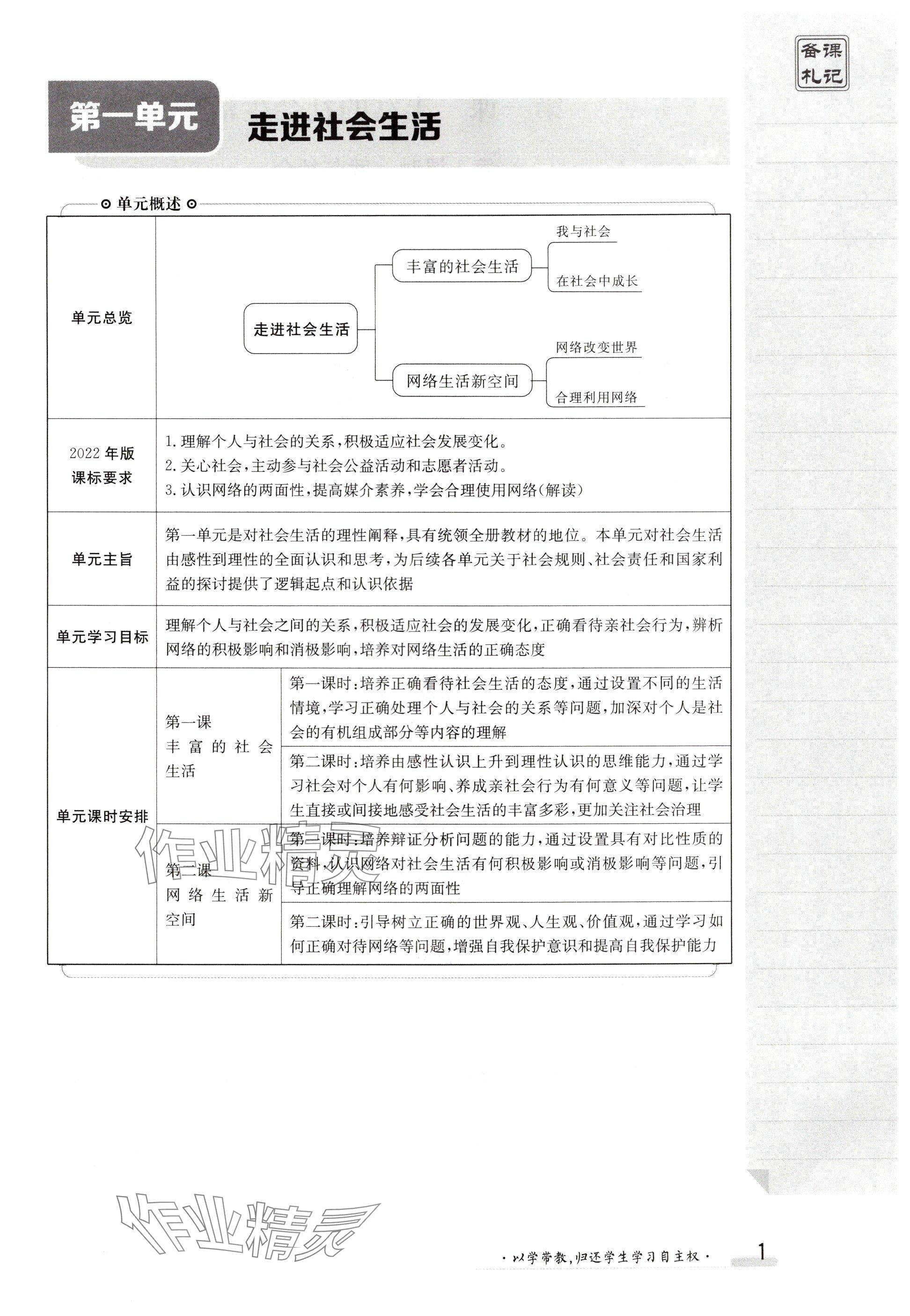 2024年金太阳导学案八年级道德与法治上册人教版 参考答案第1页