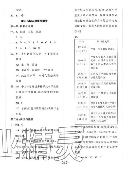 2024年全品學練考五年級語文下冊人教版福建專版 參考答案第2頁