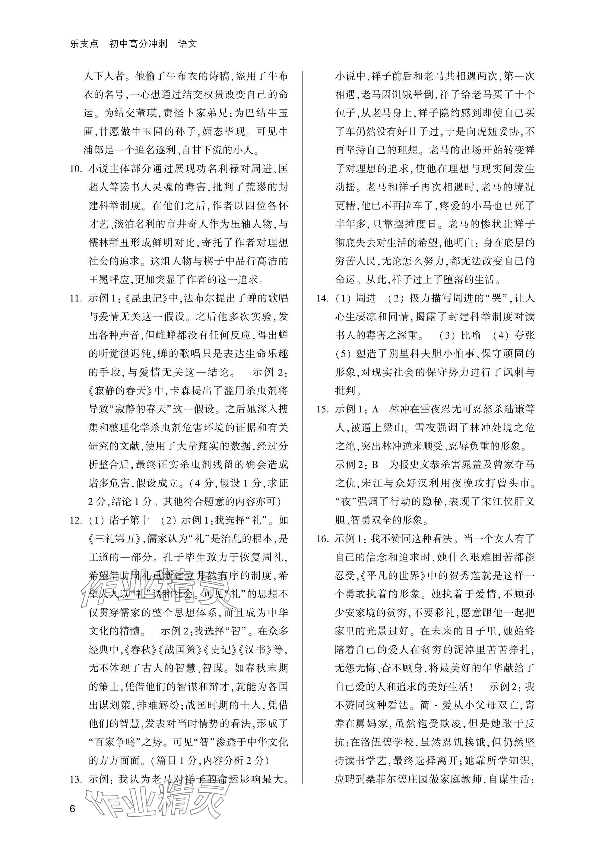 2025年乐支点初中高分冲刺语文&nbsp;参考答案第6页