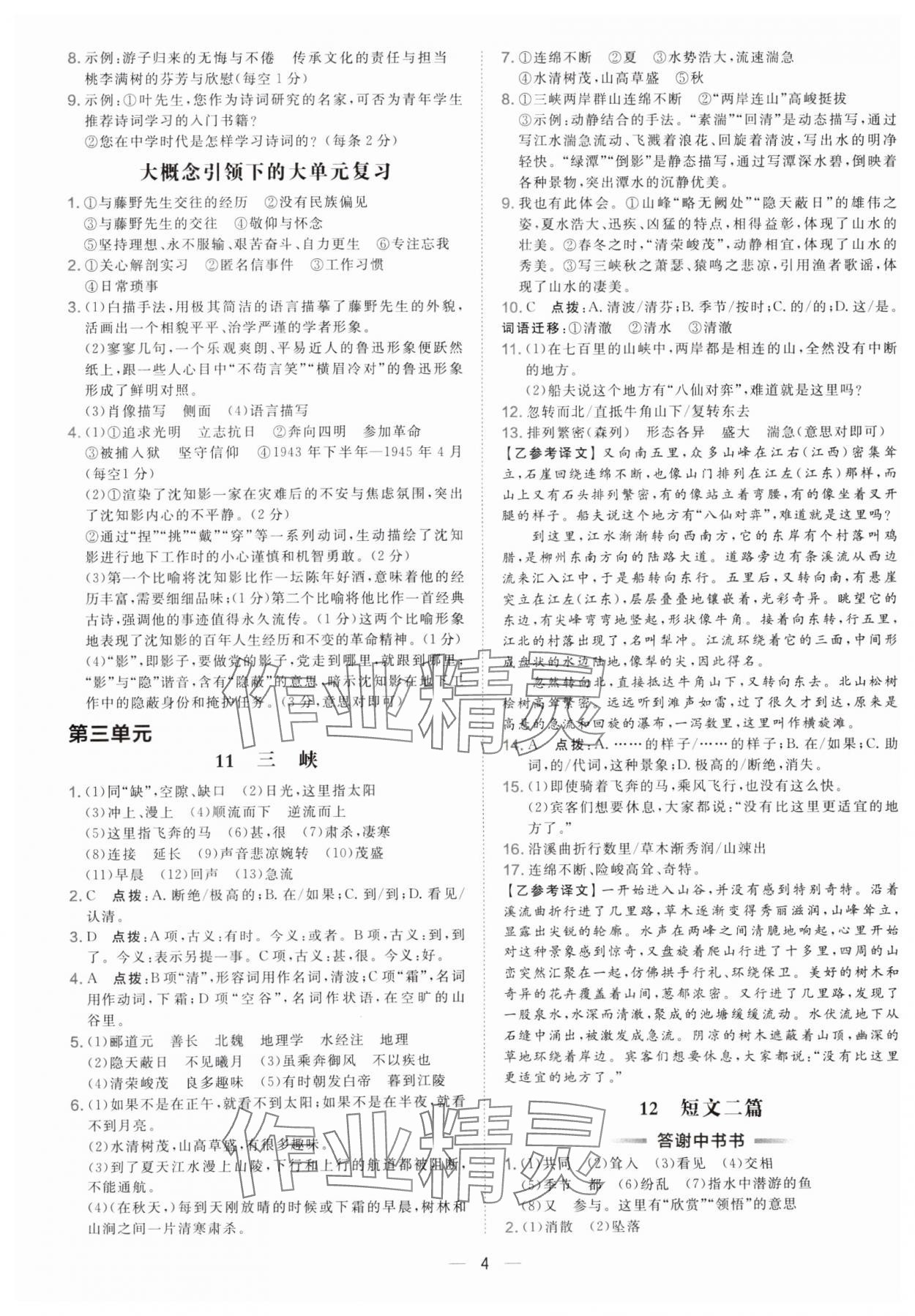 2025年点拨训练八年级语文上册人教版辽宁专版 参考答案第4页