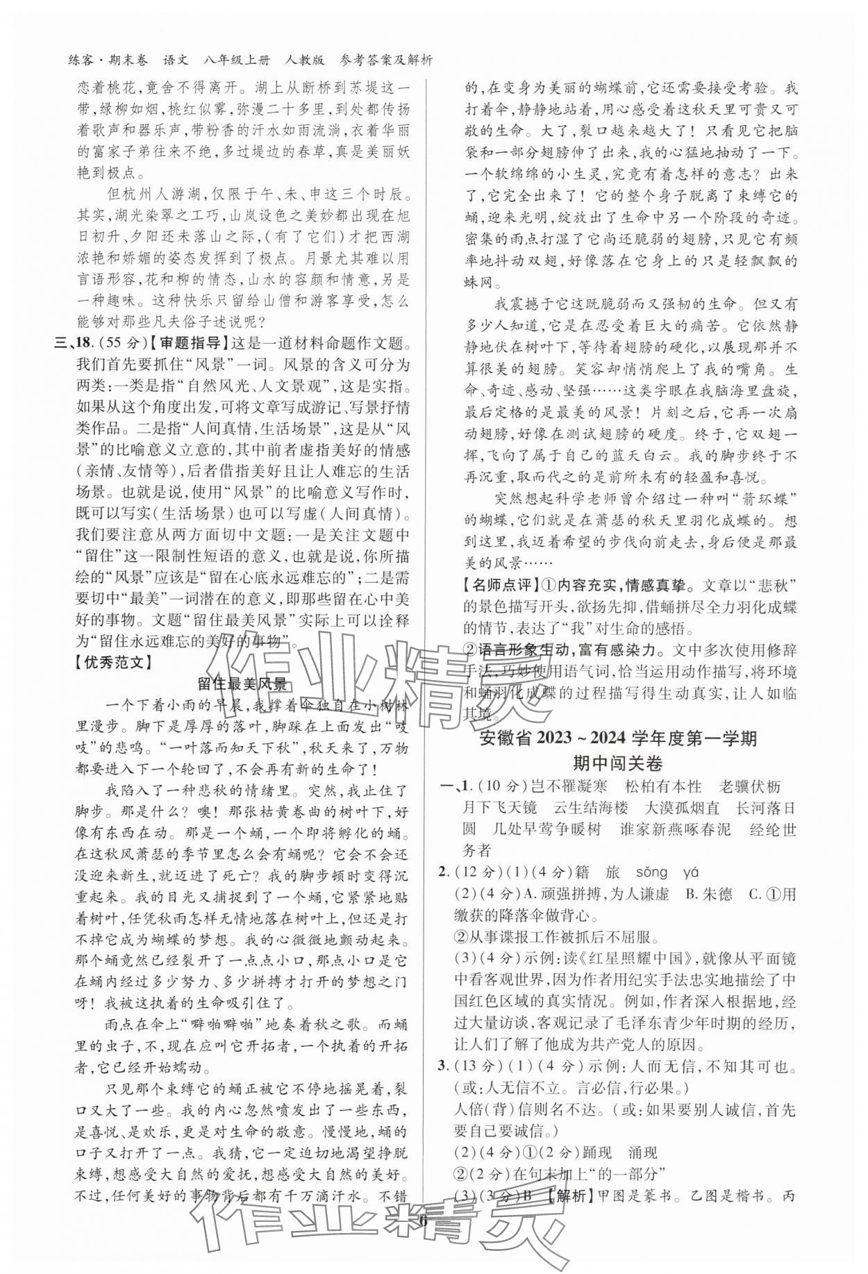 2024年單元期末大練考八年級語文下冊人教版安徽專版 參考答案第5頁