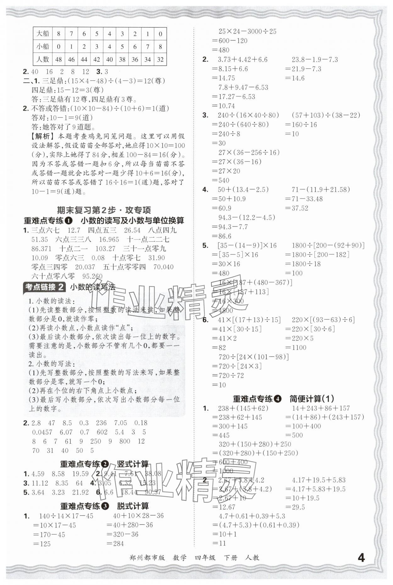 2025年王朝霞期末真題精編四年級數學下冊人教版鄭州專版 參考答案第4頁