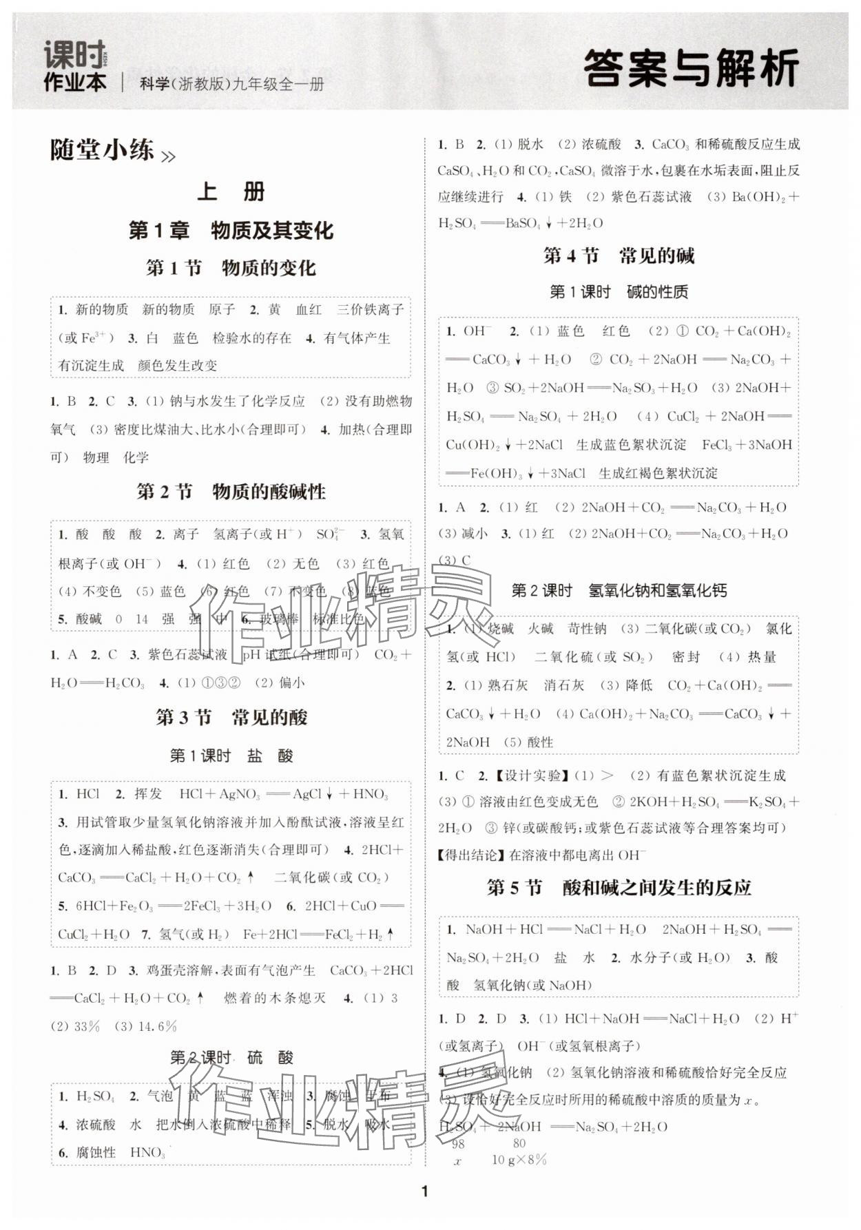 2025年通城學典課時作業本九年級科學全一冊浙教版 第1頁