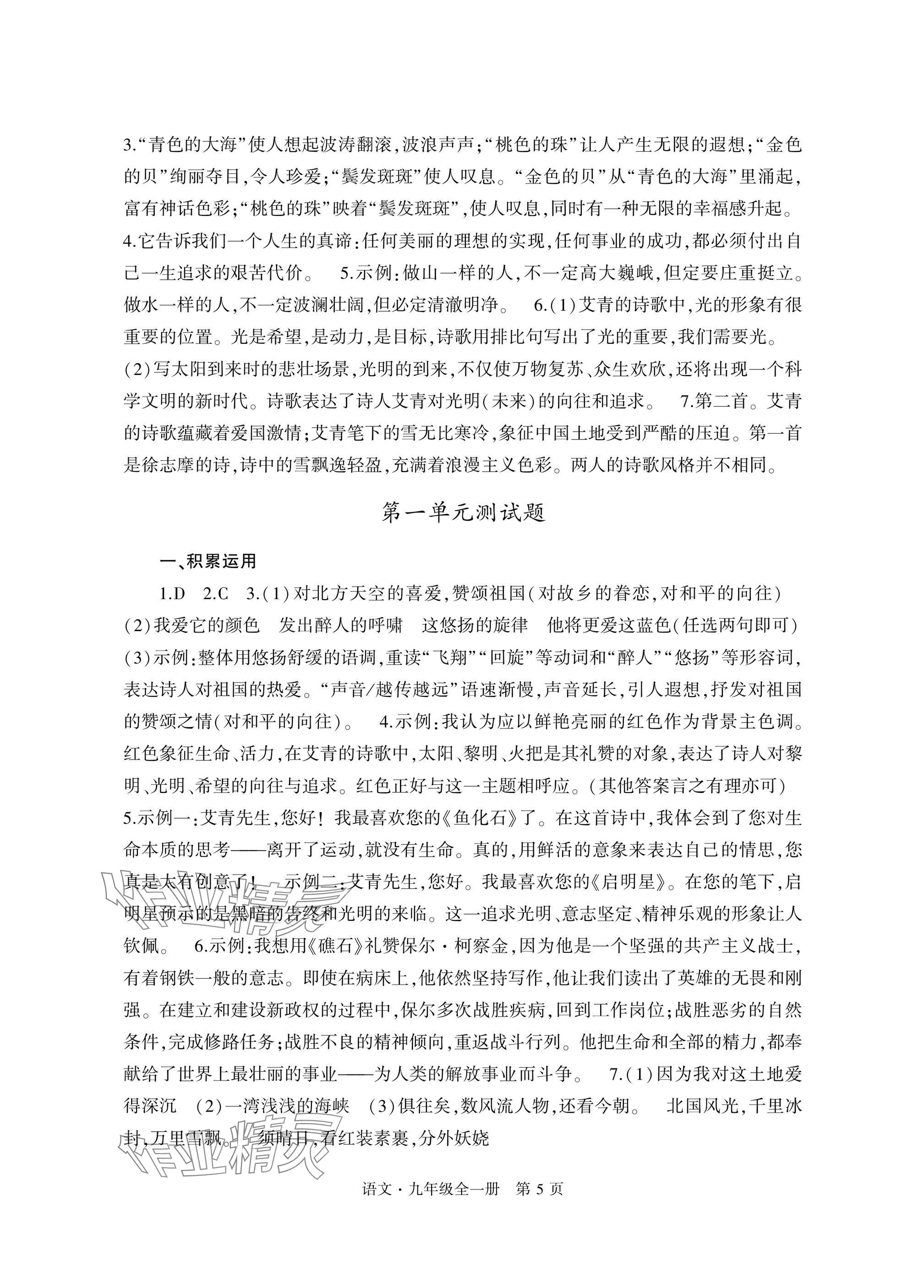 2025年自主学习指导课程与测试九年级语文全一册人教版&nbsp;参考答案第5页