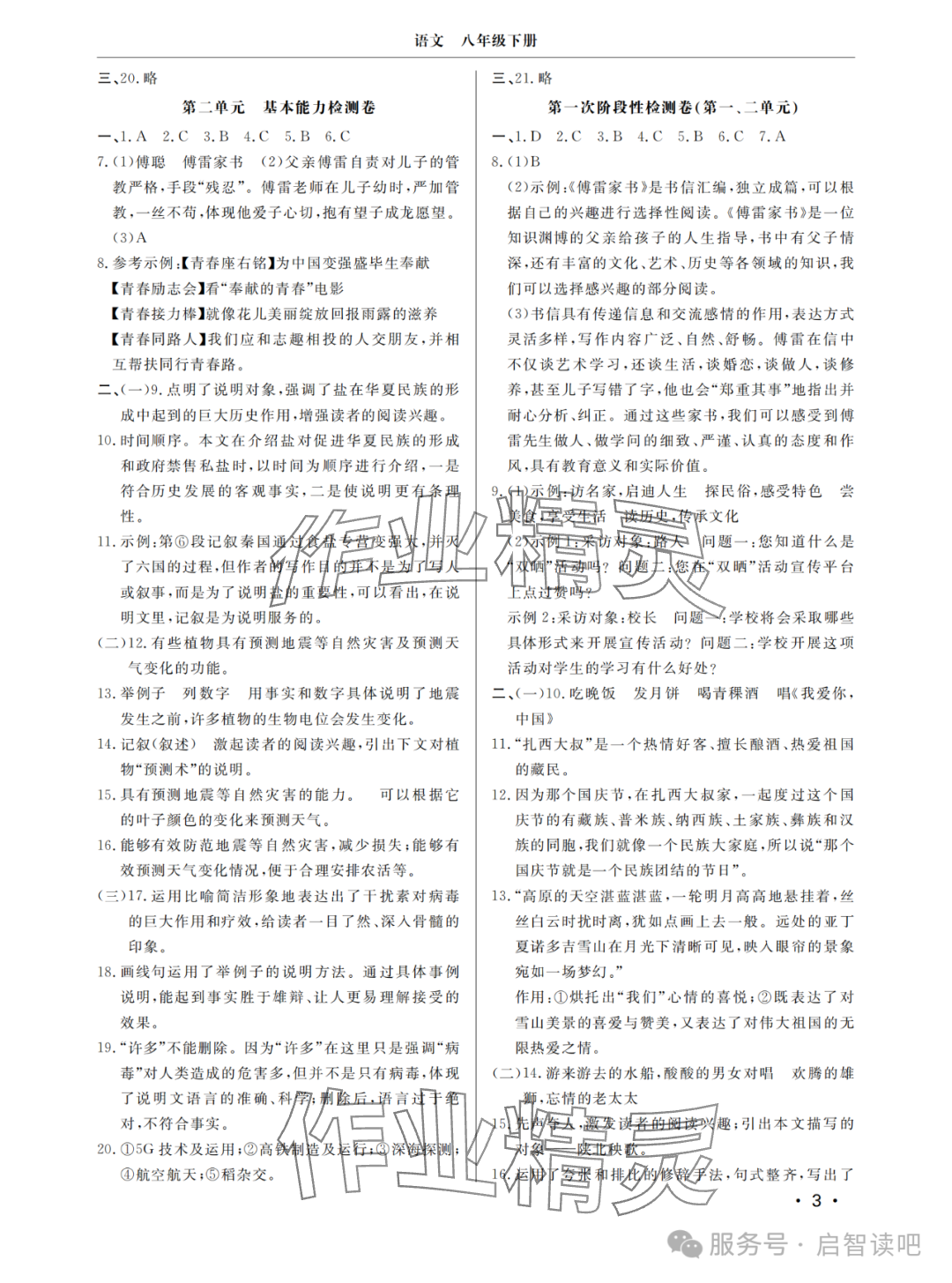 2025年同步練習(xí)冊(cè)分層檢測(cè)卷八年級(jí)語(yǔ)文下冊(cè)人教版 參考答案第3頁(yè)