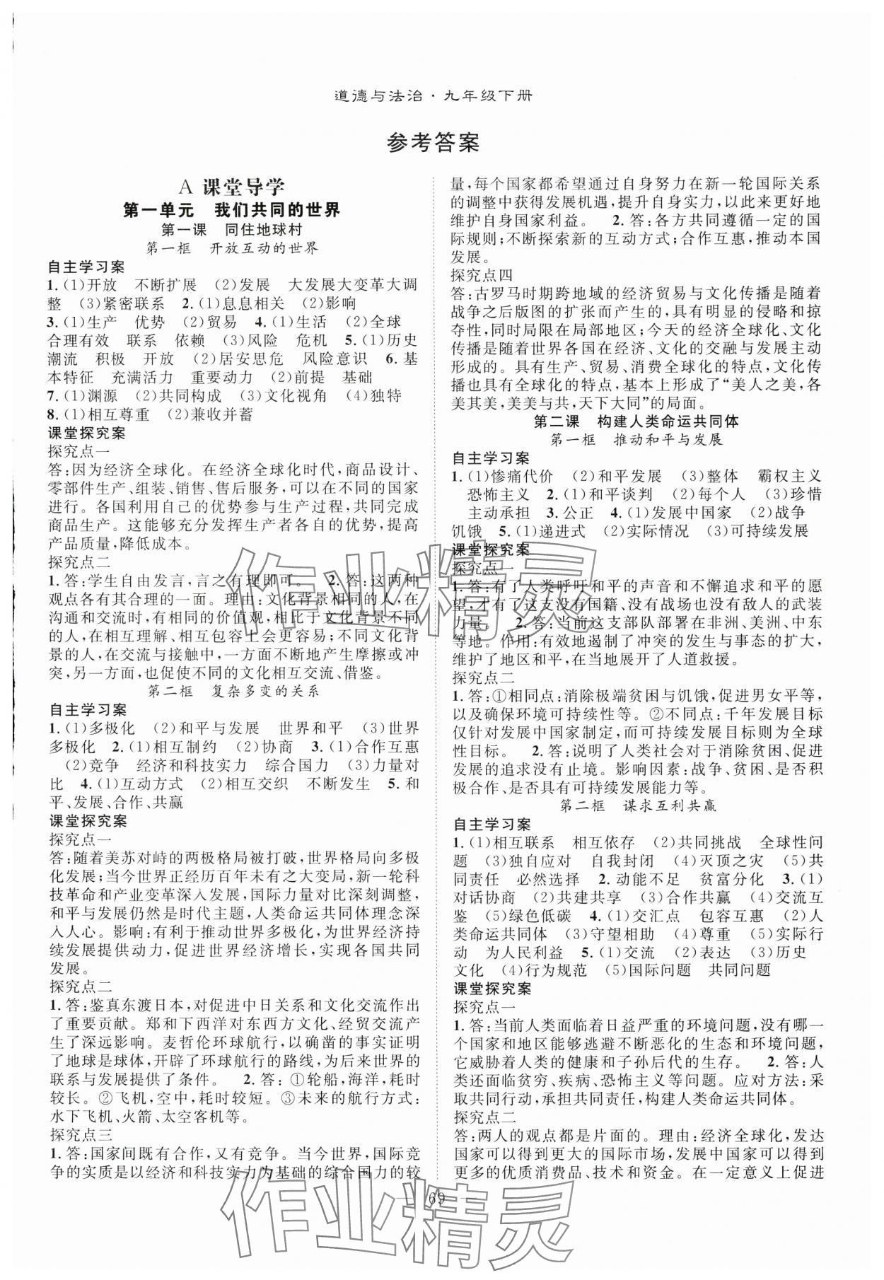 2025年优质课堂导学案九年级道德与法治下册人教版 第1页