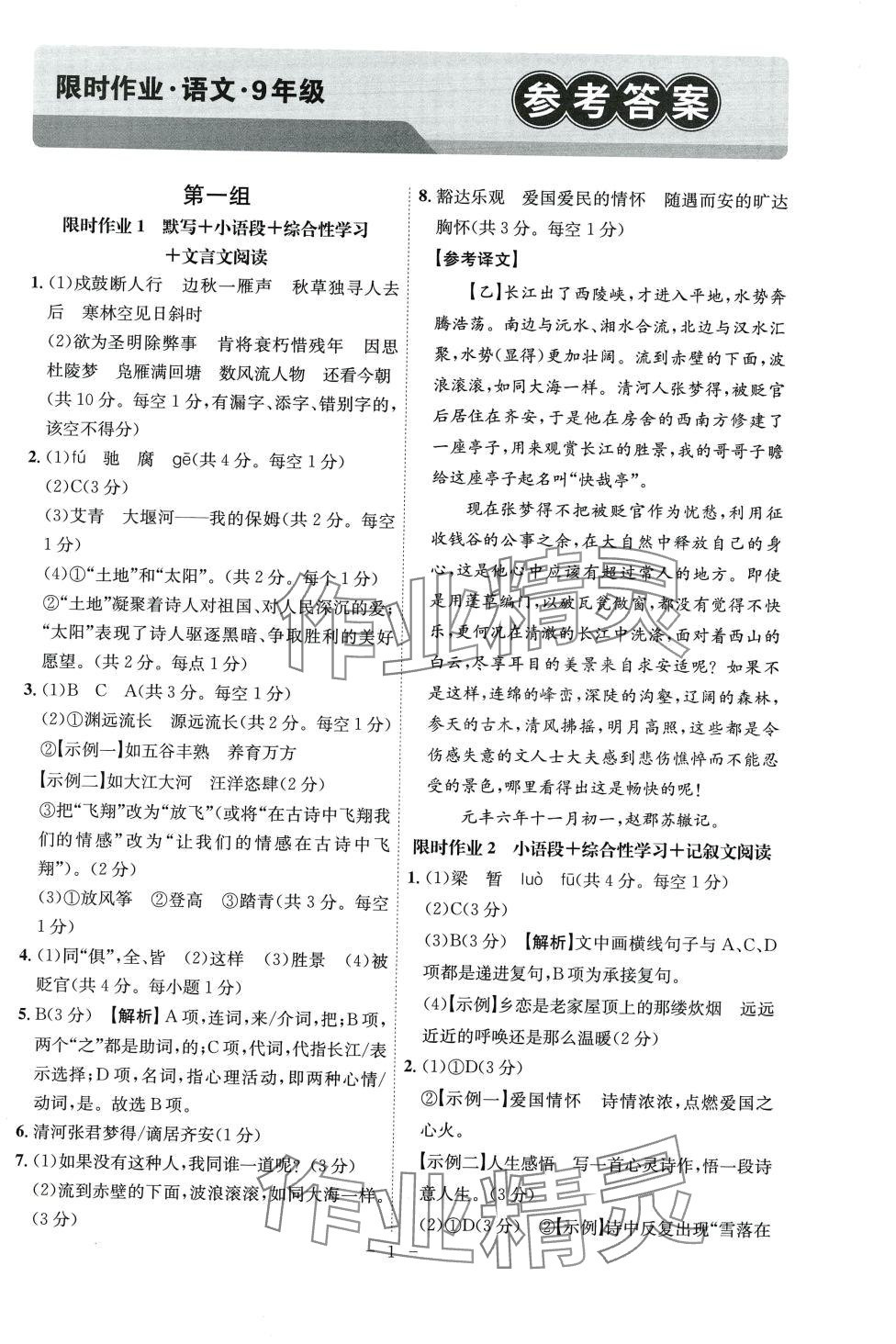 2024年限时作业九年级语文全册安徽专版&nbsp;第1页