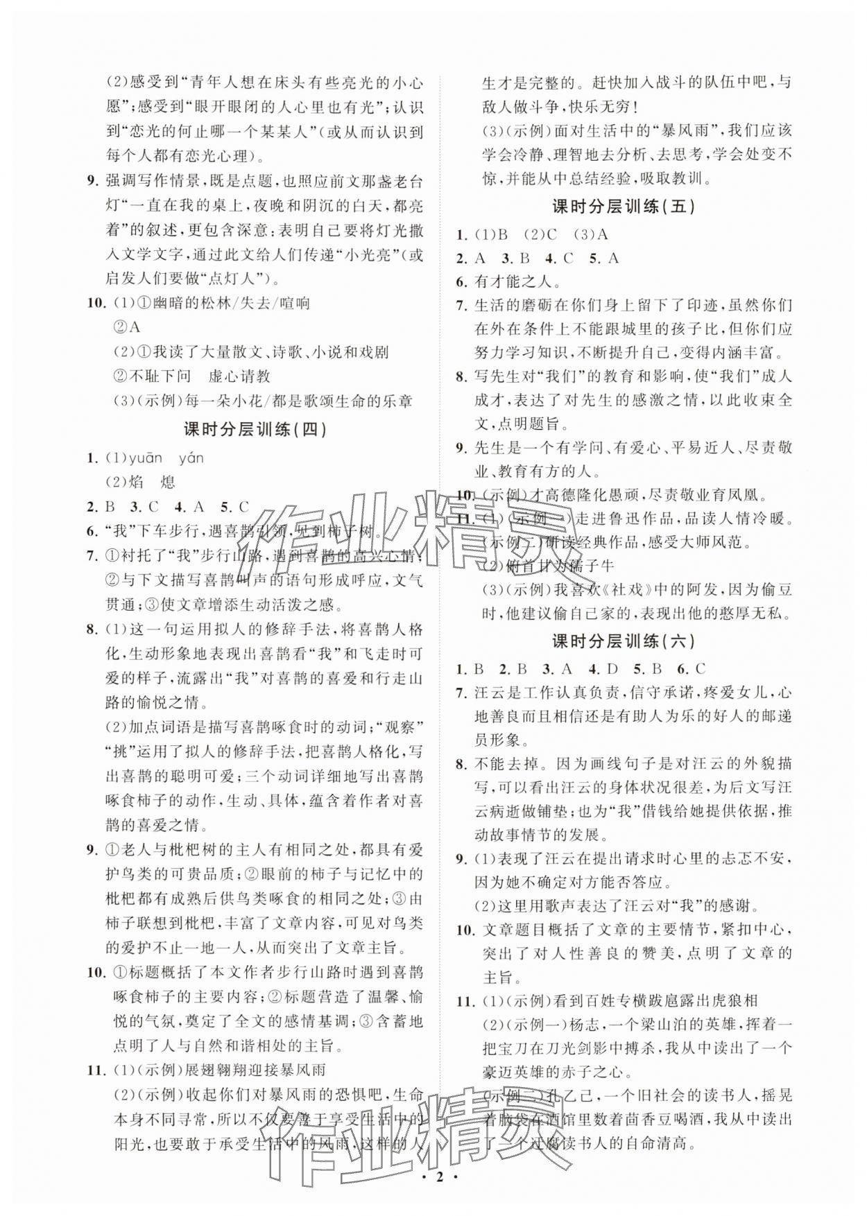 2024年同步练习册分层卷九年级语文下册人教版54制 参考答案第2页