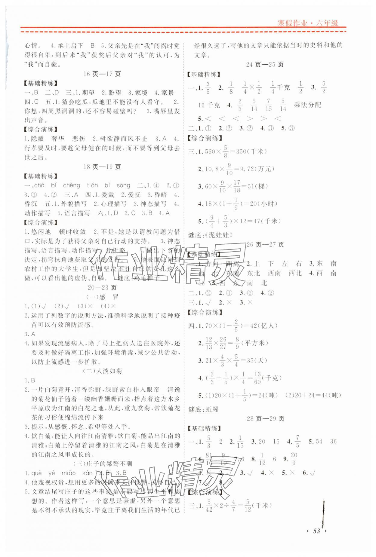2024年快乐假期寒假作业宁波出版社六年级合订本 参考答案第2页