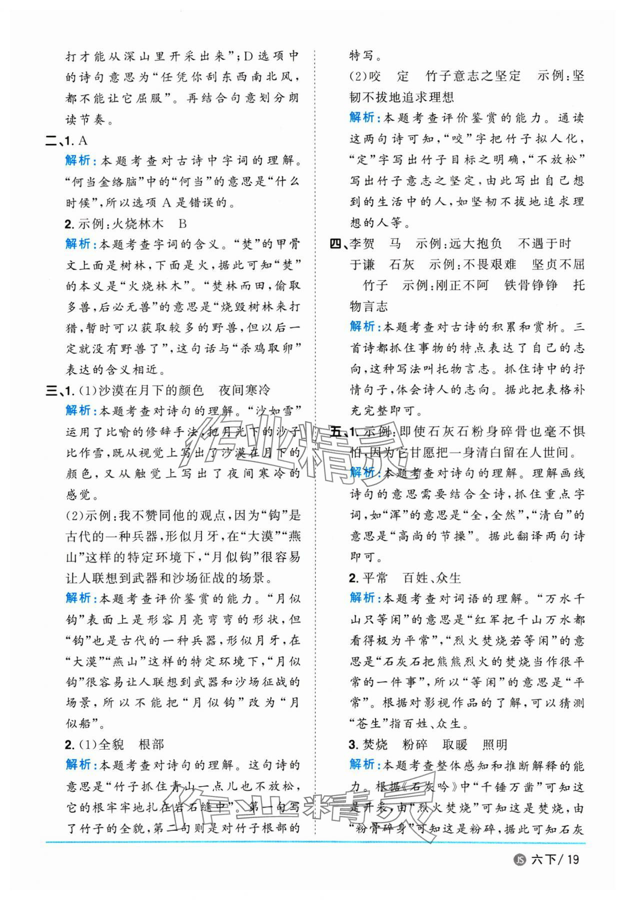 2025年陽光同學課時優化作業六年級語文下冊人教版江蘇專版&nbsp;參考答案第19頁