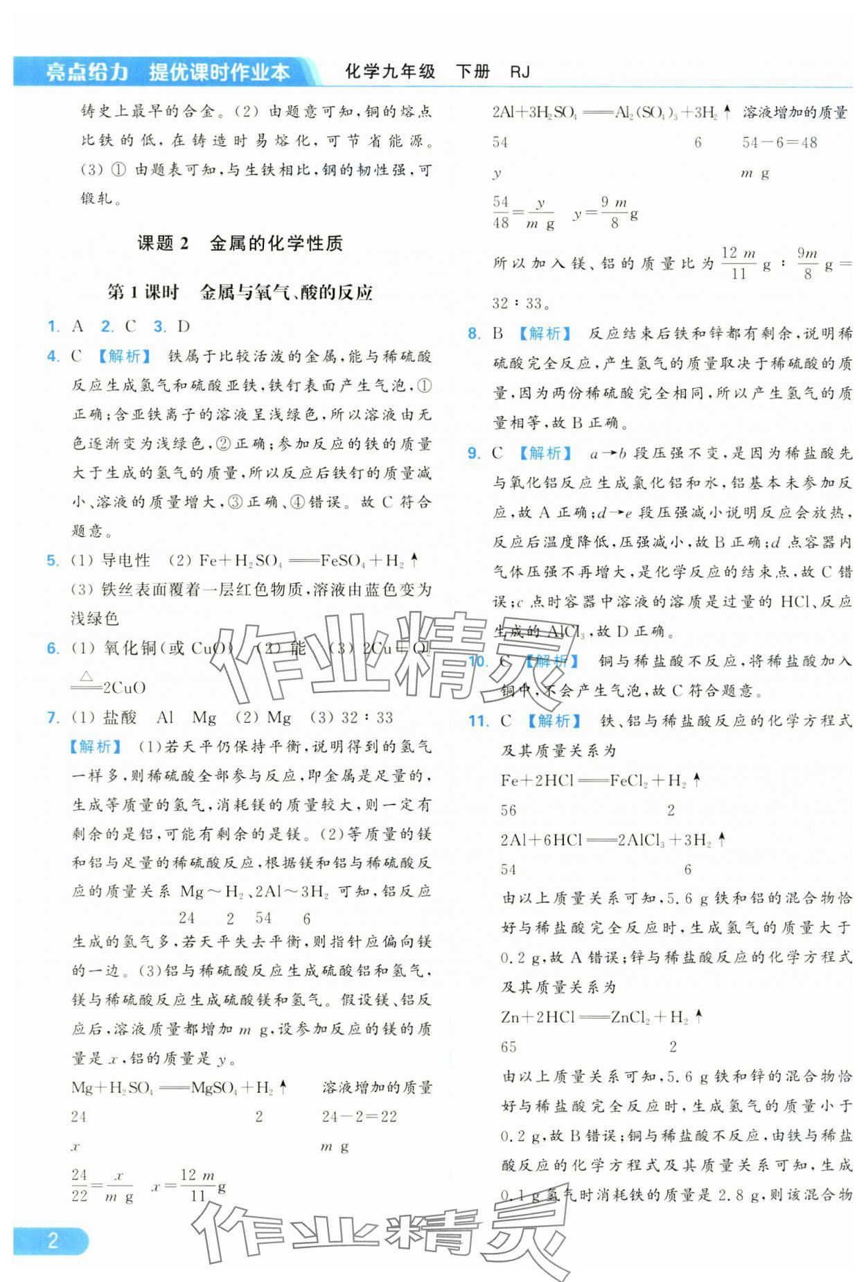 2025年亮點給力提優(yōu)課時作業(yè)本九年級化學(xué)下冊人教版 參考答案第2頁