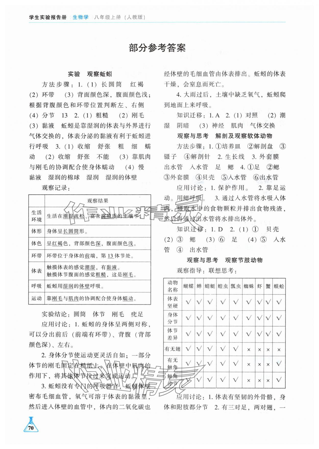 2024年学生实验报告册八年级生物学上册人教版辽海出版社 参考答案第1页