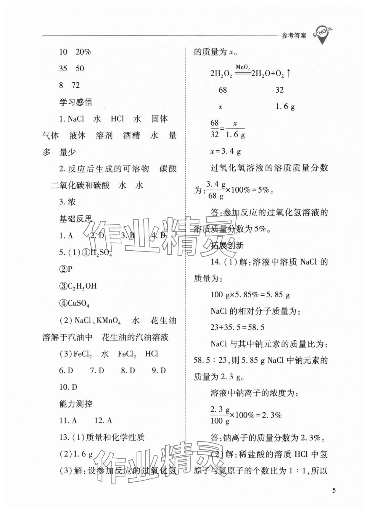 2024年新課程問題解決導(dǎo)學(xué)方案九年級化學(xué)下冊滬教版 參考答案第5頁