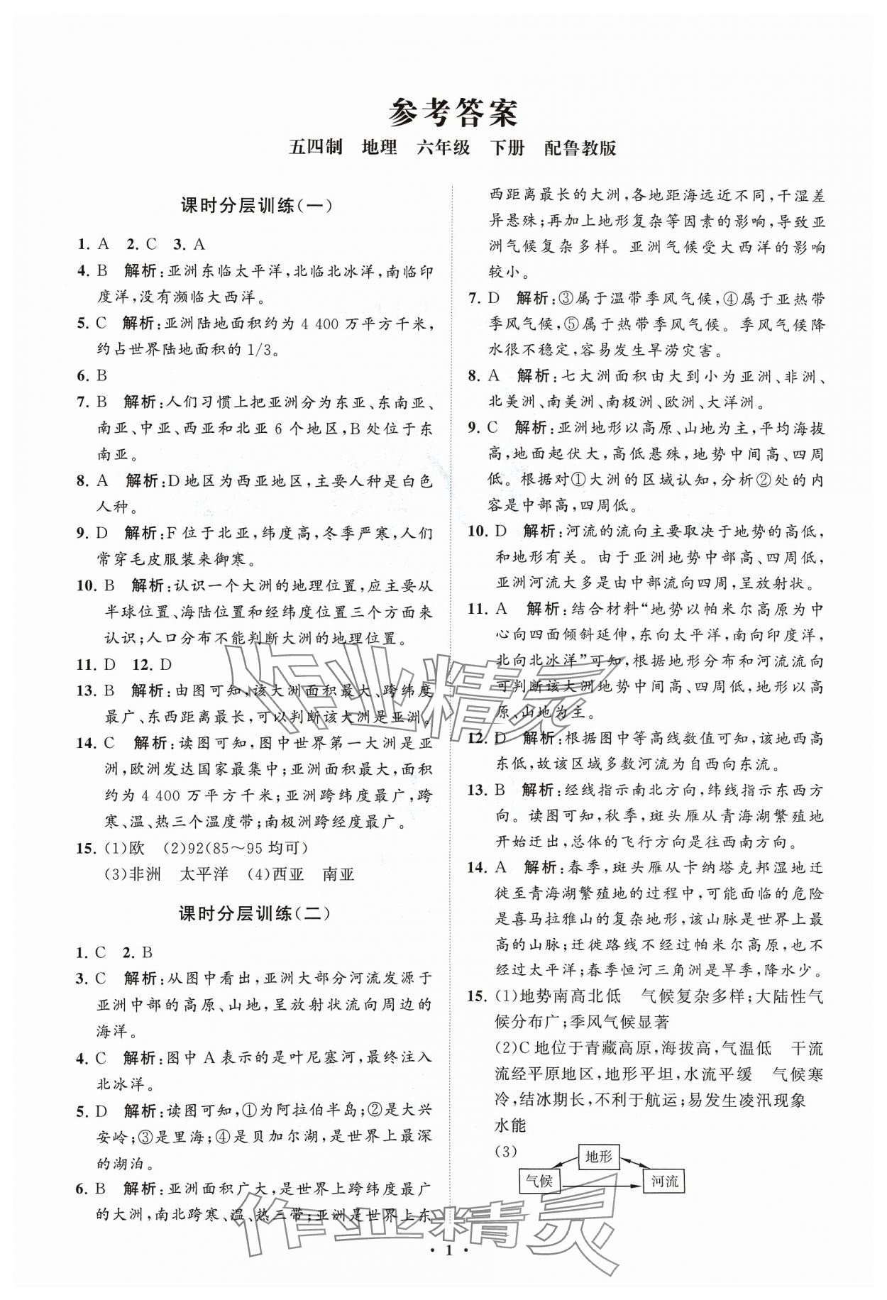 2024年同步練習(xí)冊(cè)分層卷六年級(jí)地理下冊(cè)魯教版54制 參考答案第1頁(yè)