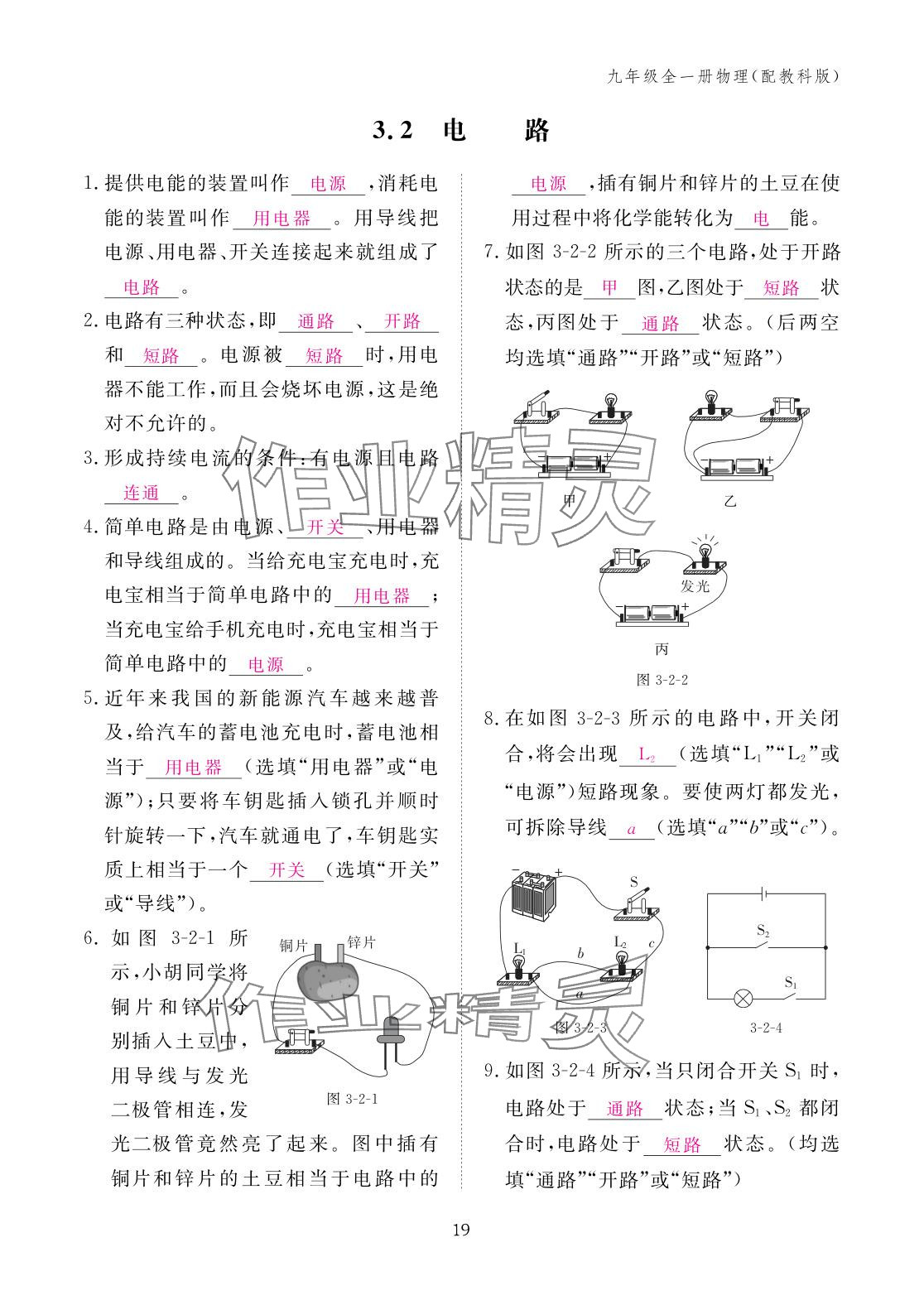 2025年作业本江西教育出版社九年级物理全一册教科版 参考答案第19页