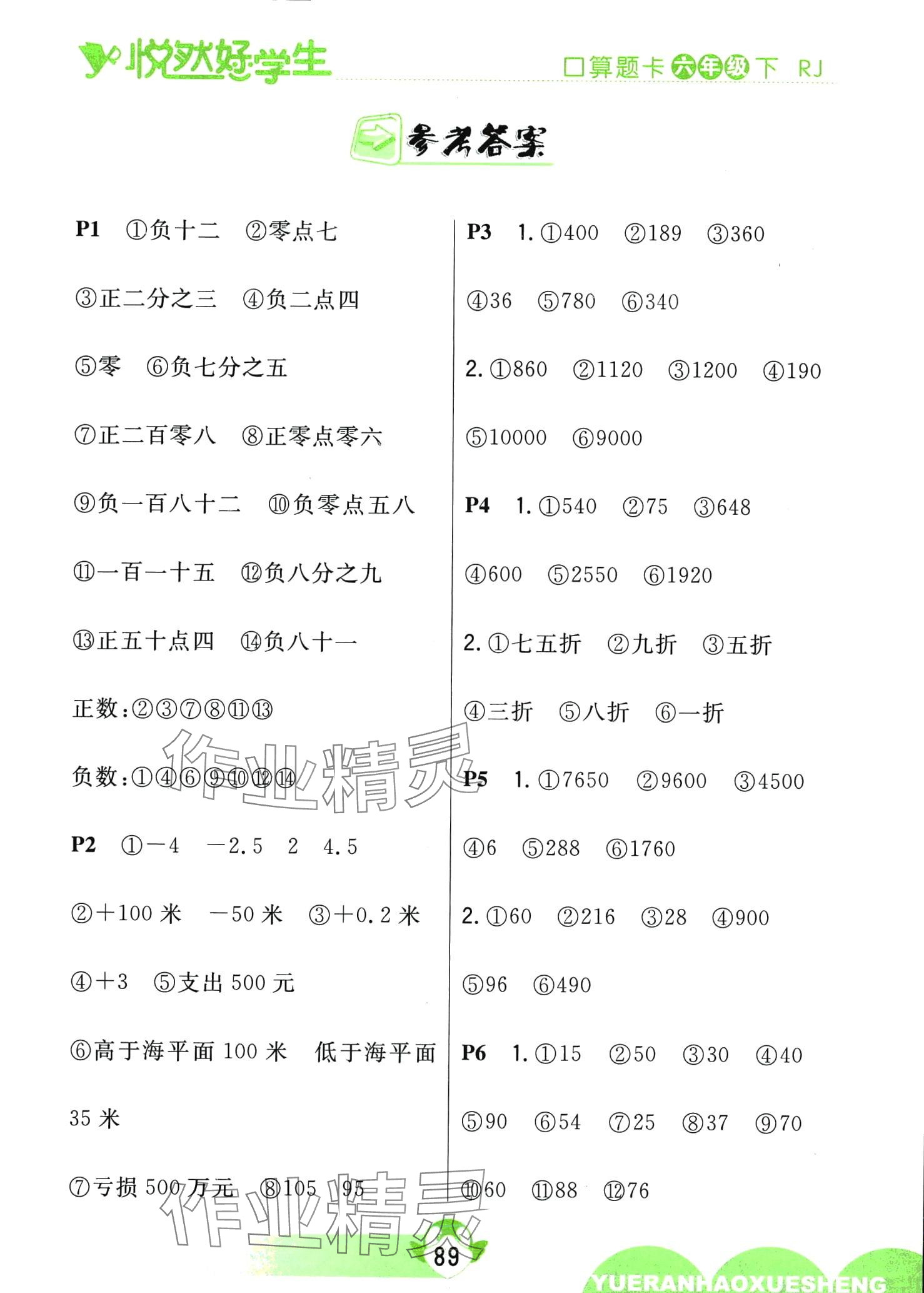 2024年悅?cè)缓脤W(xué)生口算題卡六年級數(shù)學(xué)下冊人教版 第1頁