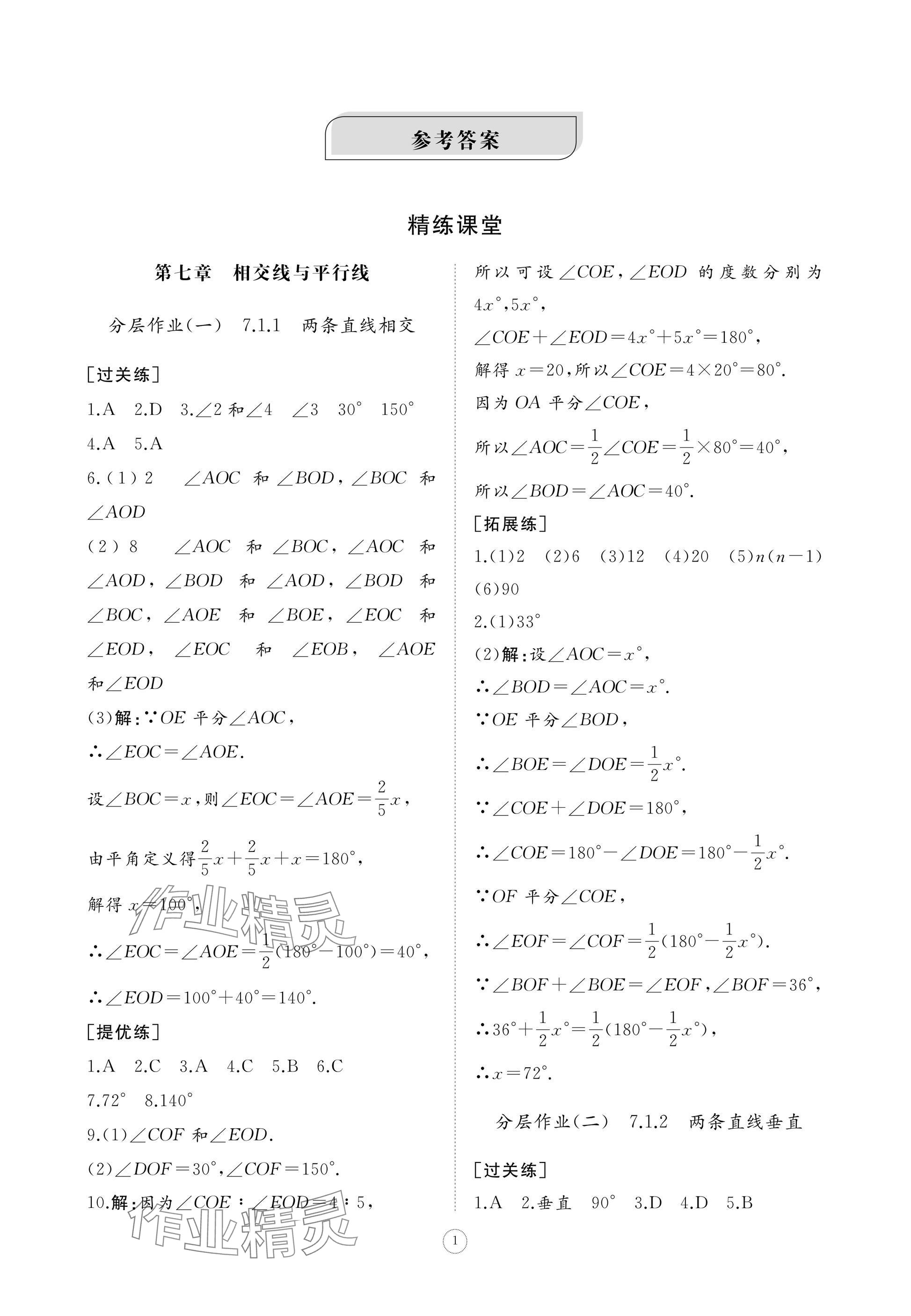 2025年同步練習冊智慧作業七年級數學下冊人教版 參考答案第1頁